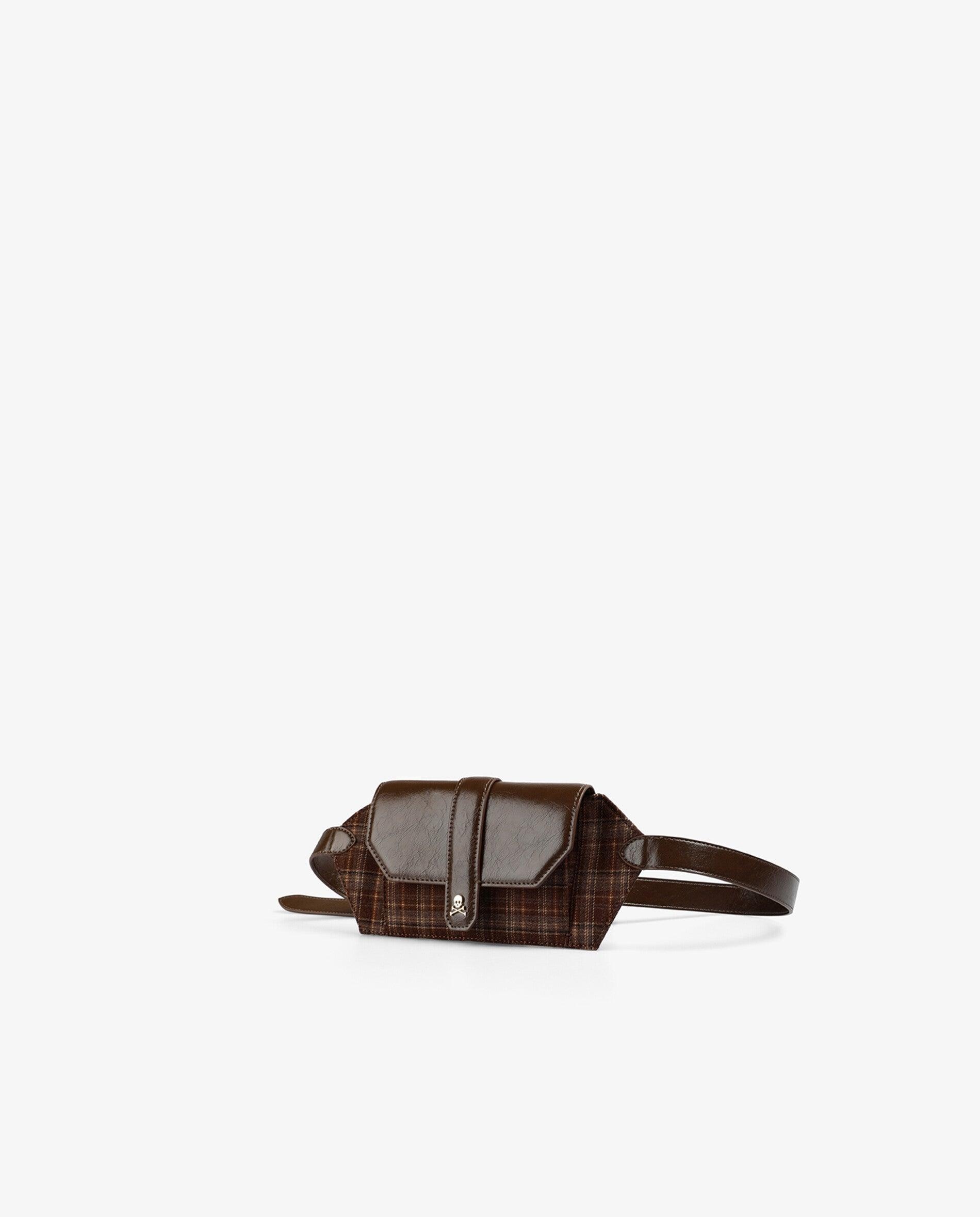 Bolsa de Cintura com Tecido Aos Quadrados e Aba Efeito Pele Castanho-escuro-3