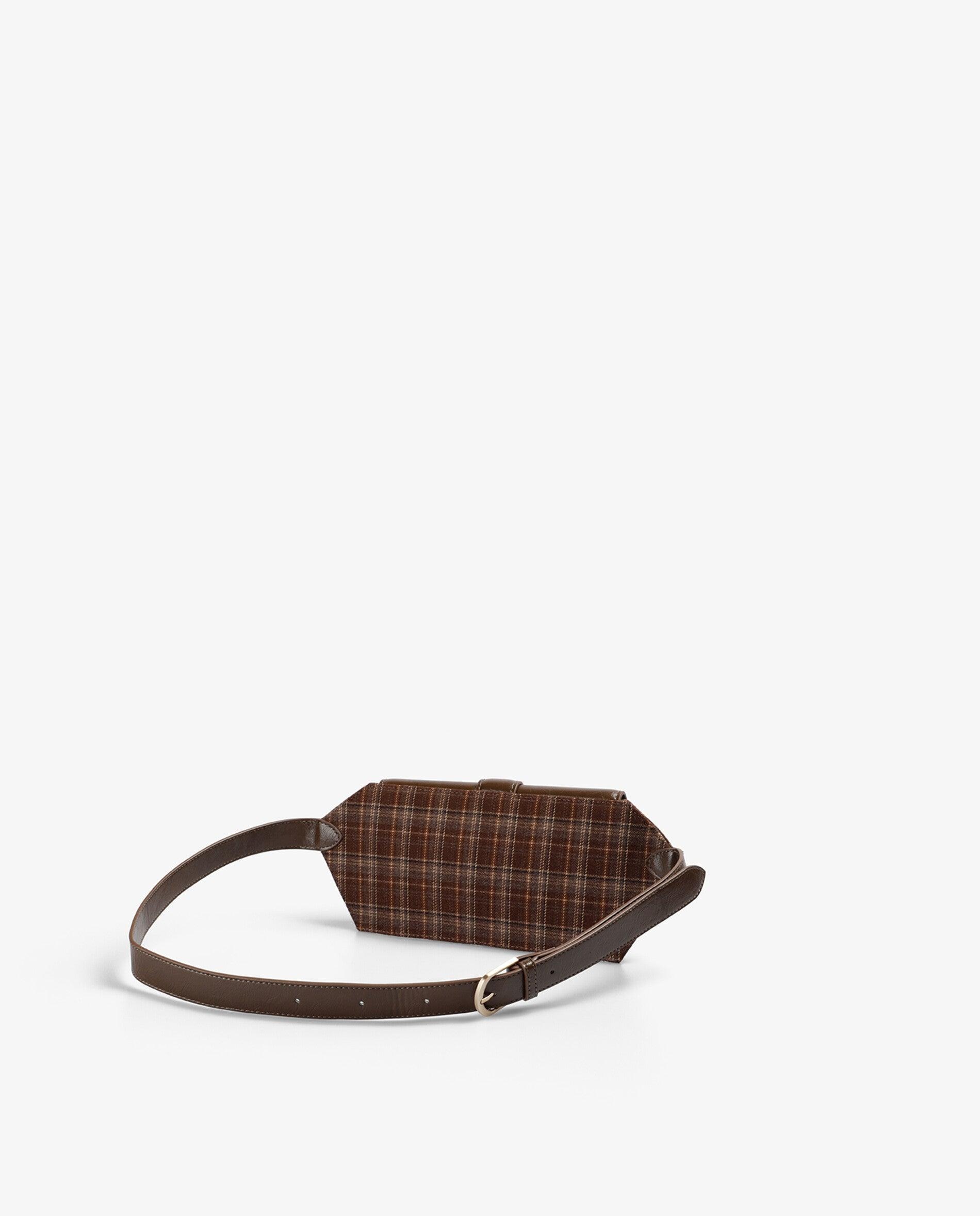 Bolsa de Cintura com Tecido Aos Quadrados e Aba Efeito Pele Castanho-escuro-4