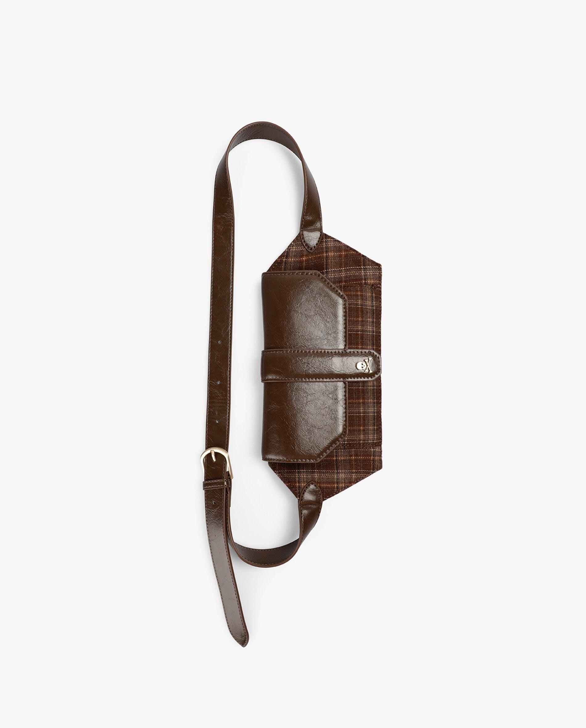Bolsa de Cintura com Tecido Aos Quadrados e Aba Efeito Pele Castanho-escuro-5
