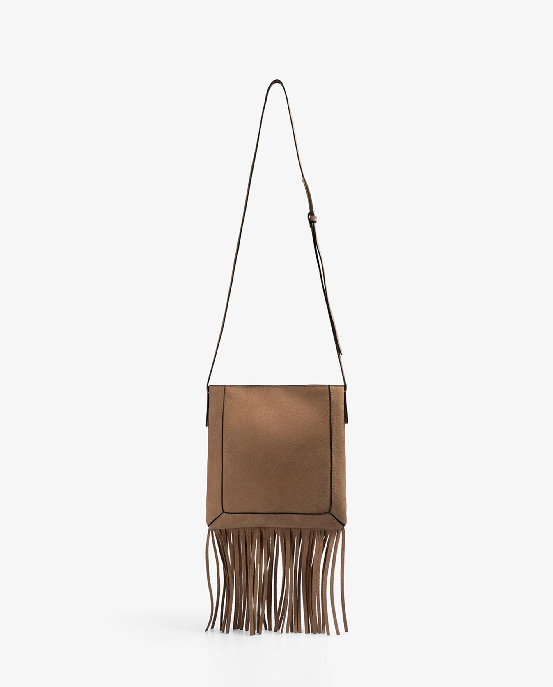 Mala a Tiracolo de Pele com Franjas e Studs Decorativos Bege-2