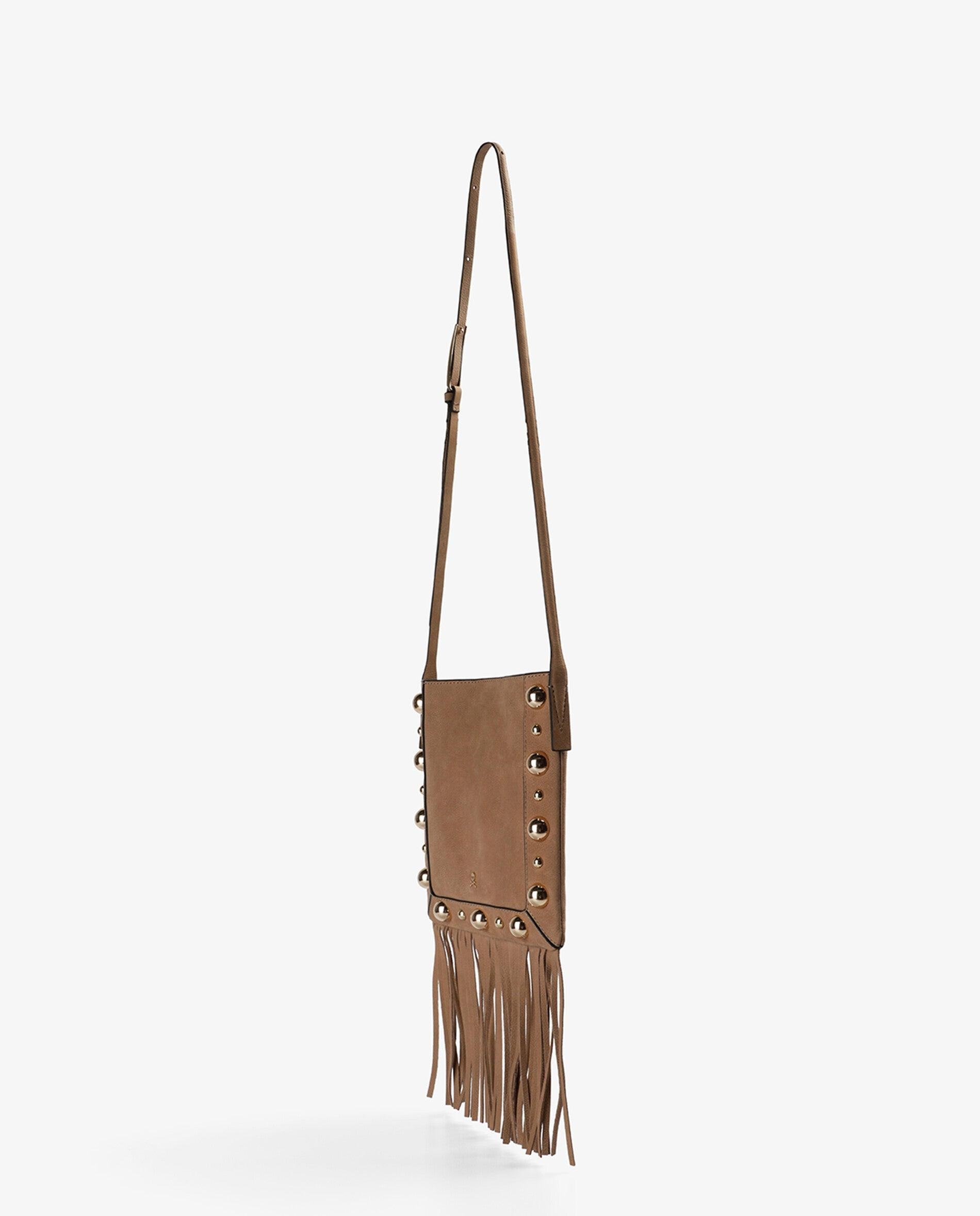 Mala a Tiracolo de Pele com Franjas e Studs Decorativos Bege-3