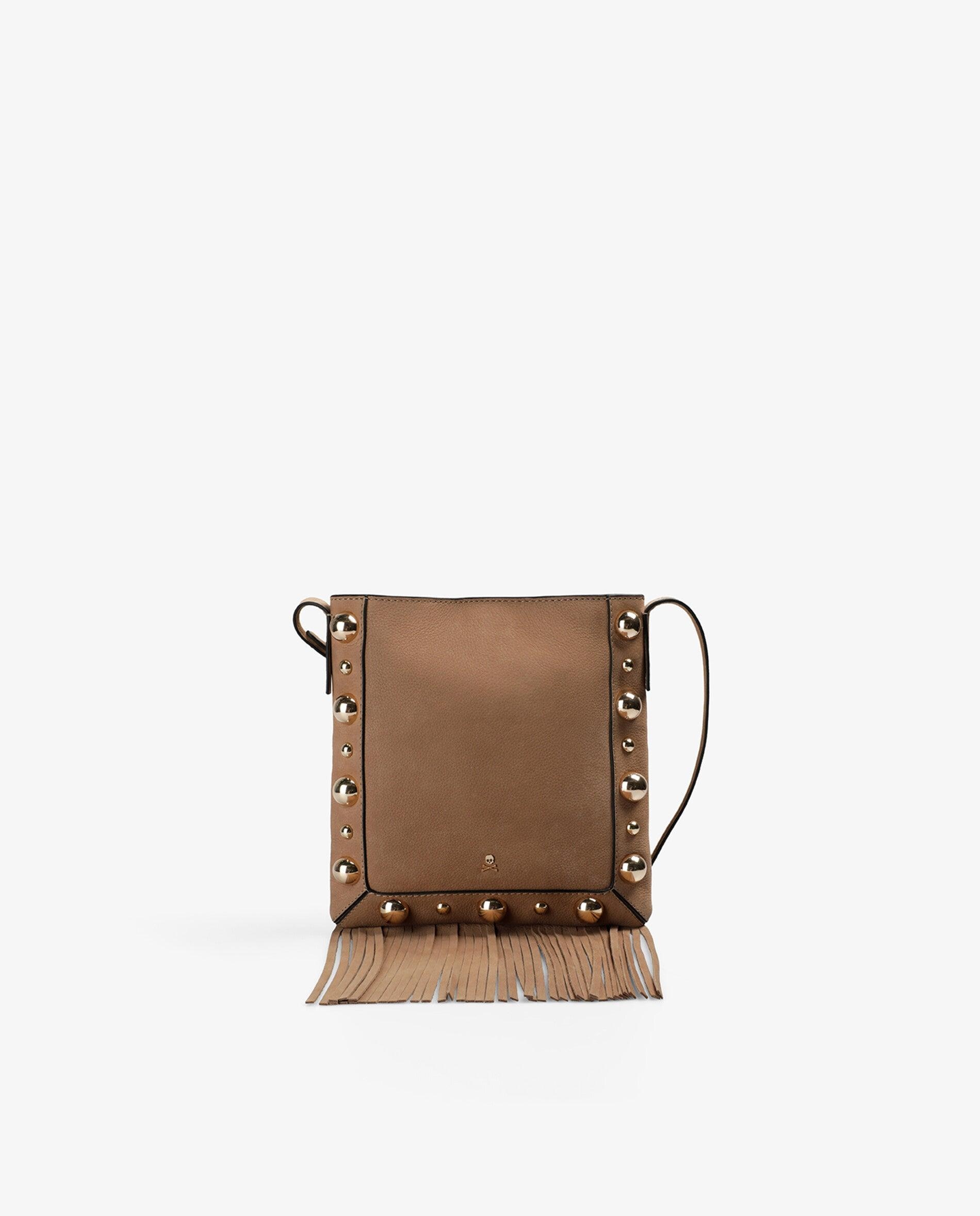 Mala a Tiracolo de Pele com Franjas e Studs Decorativos Bege-4