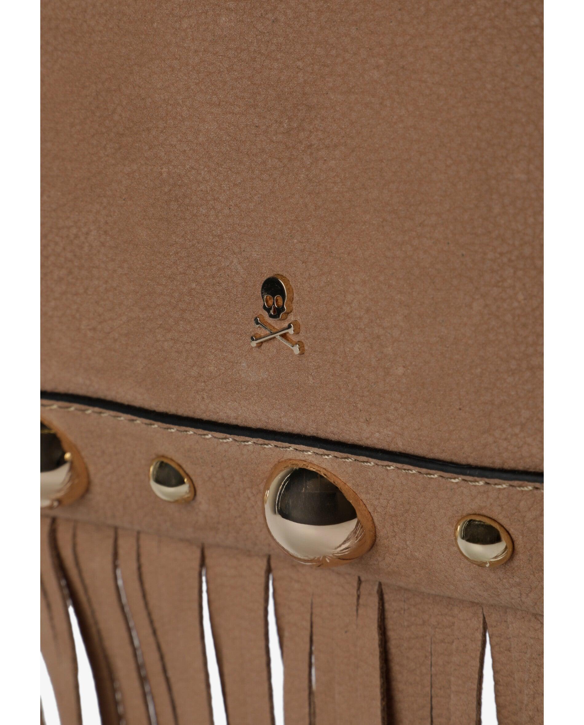 Mala a Tiracolo de Pele com Franjas e Studs Decorativos Bege-5