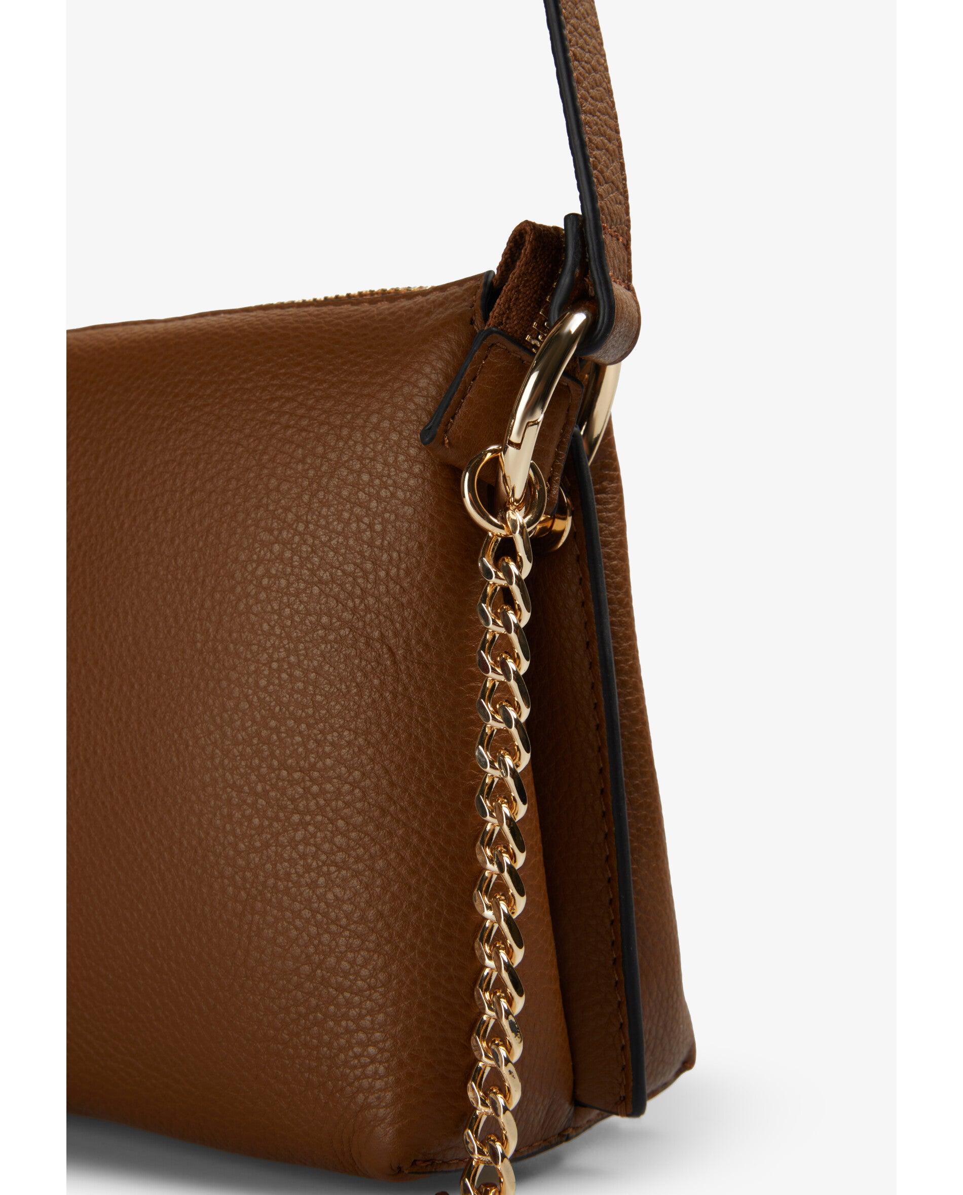 Mala a Tiracolo de Pele com Textura e Fecho Zip Canela-8