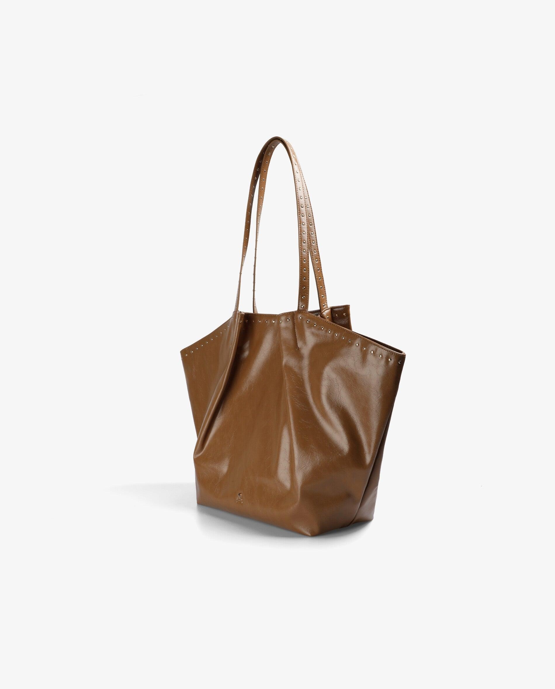 Shopper Efeito Pele com Detalhe de Tachas Castanho-claro-3