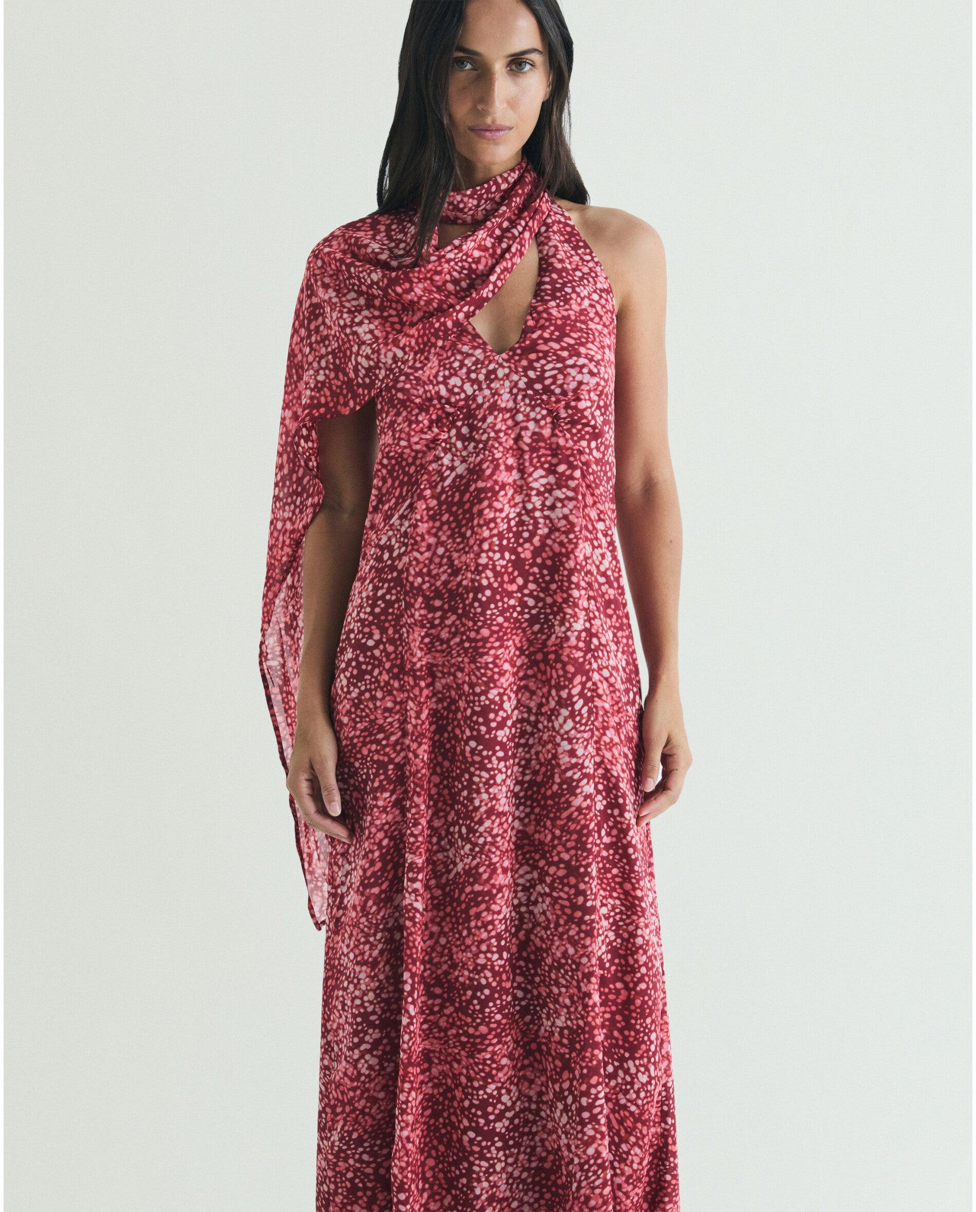Vestido Comprido Estampado com Costas Semidescobertas Vermelho-2