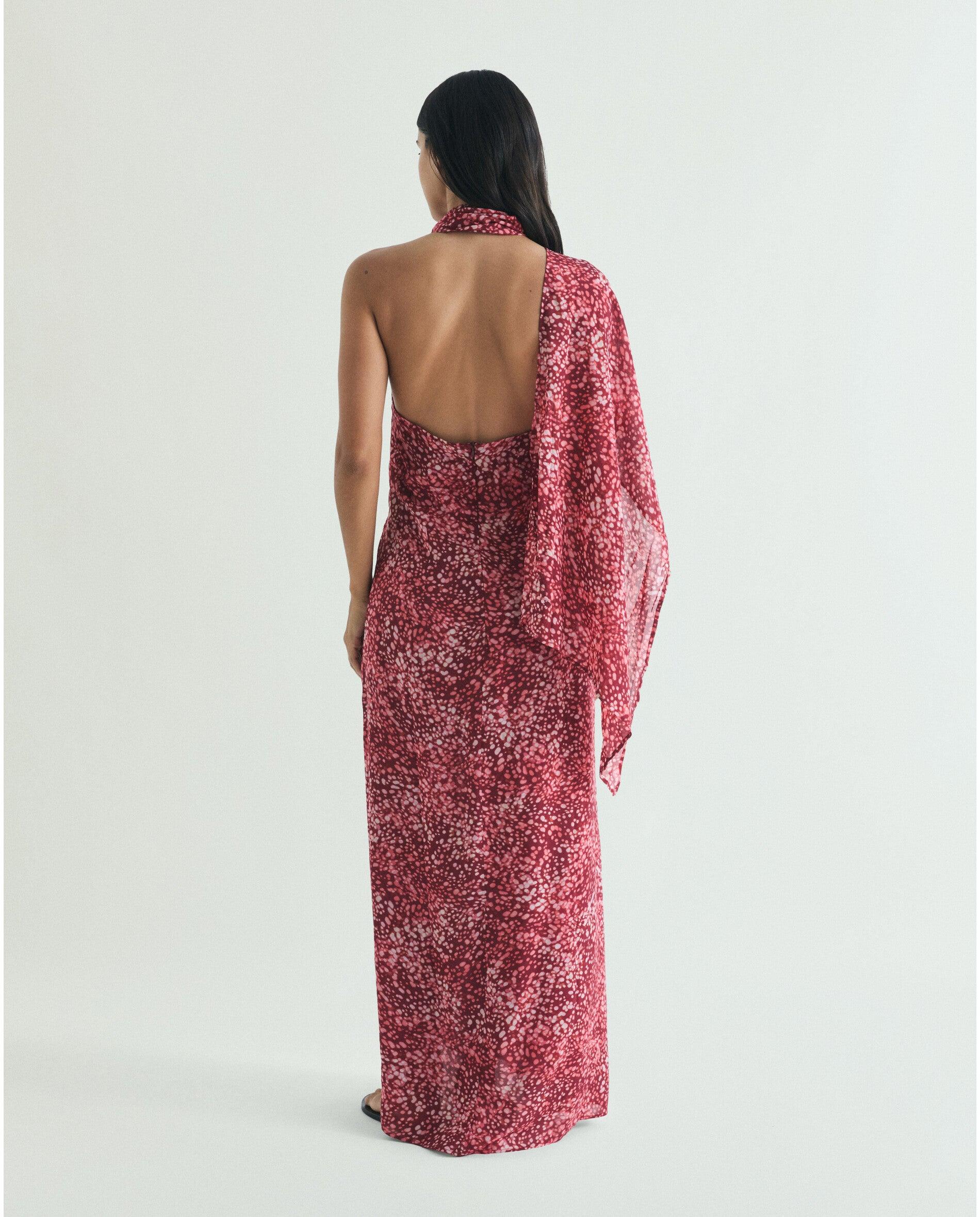 Vestido Comprido Estampado com Costas Semidescobertas Vermelho-3