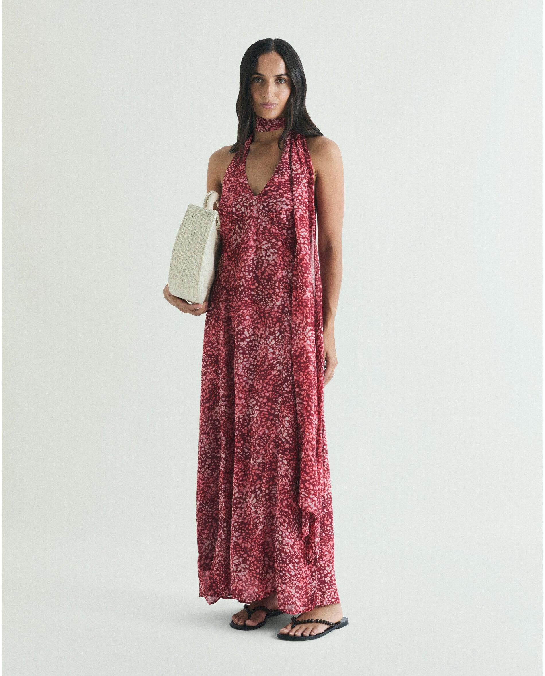 Vestido Comprido Estampado com Costas Semidescobertas Vermelho-5