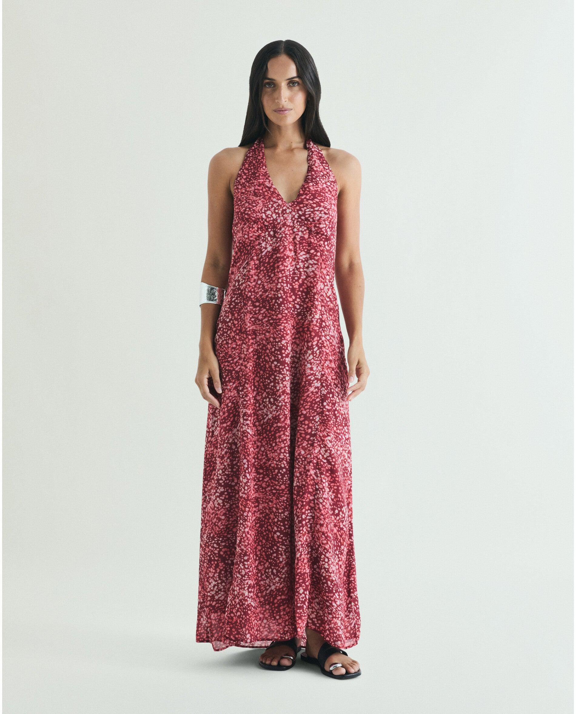 Vestido Comprido Estampado com Costas Semidescobertas Vermelho-6