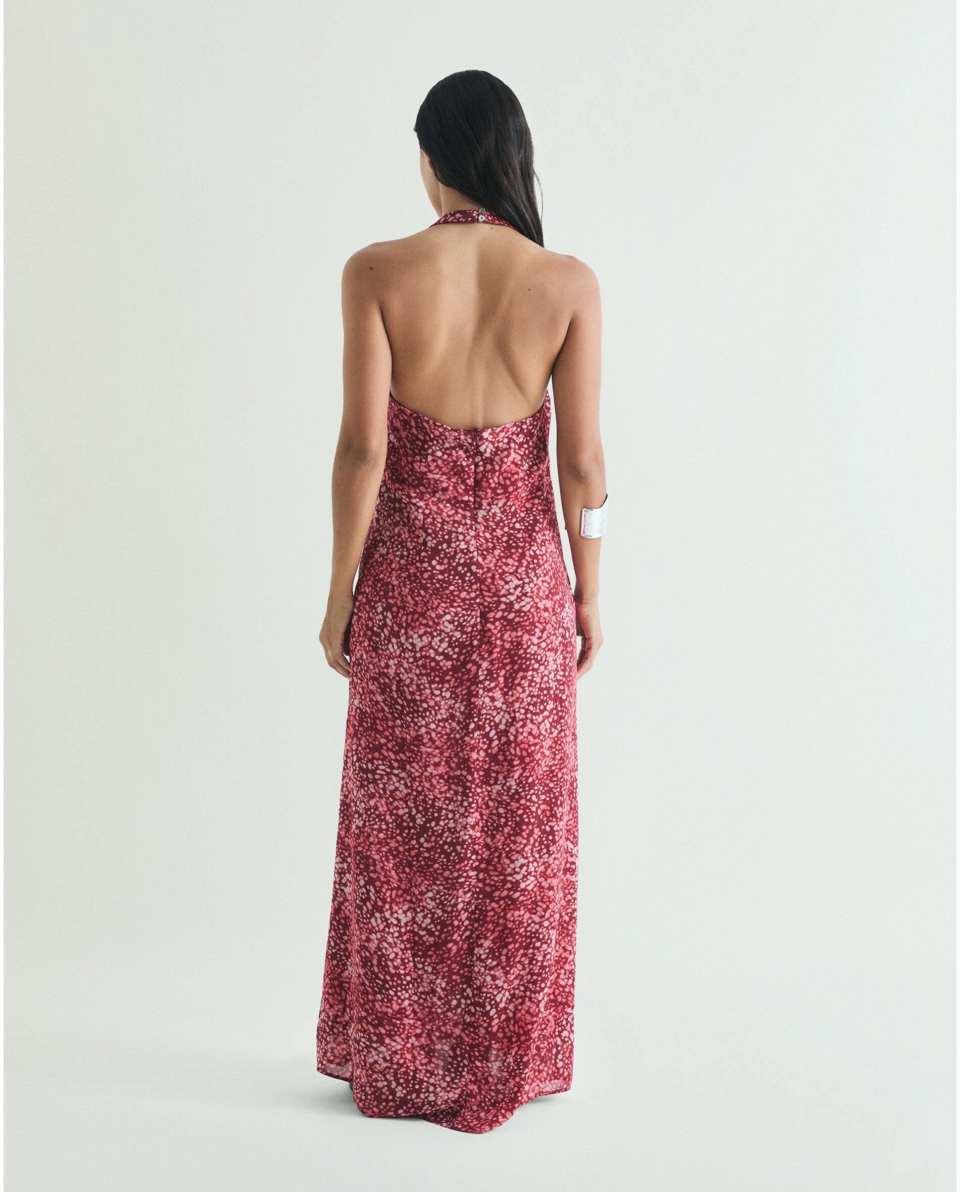Vestido Comprido Estampado com Costas Semidescobertas Vermelho-7