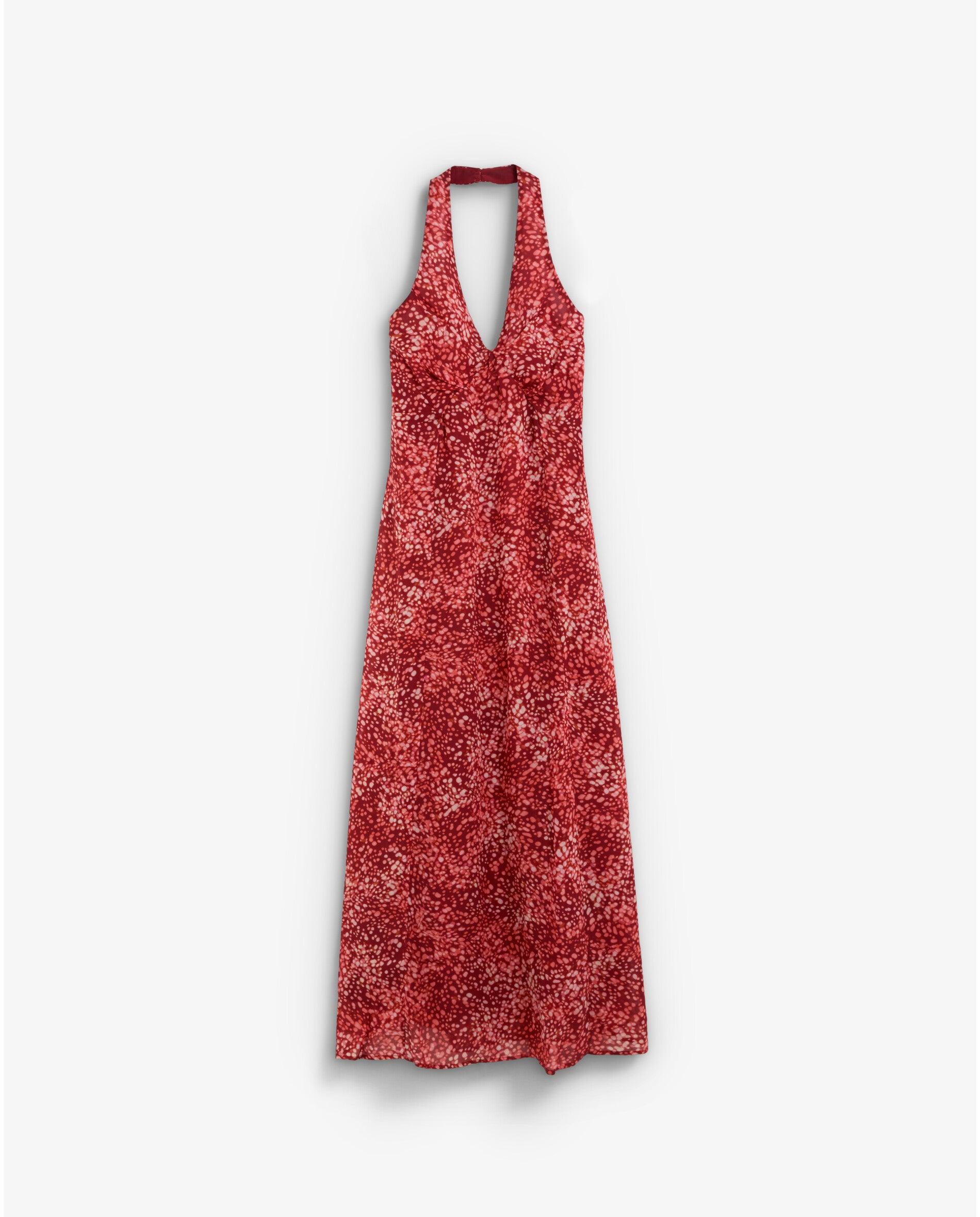 Vestido Comprido Estampado com Costas Semidescobertas Vermelho-8
