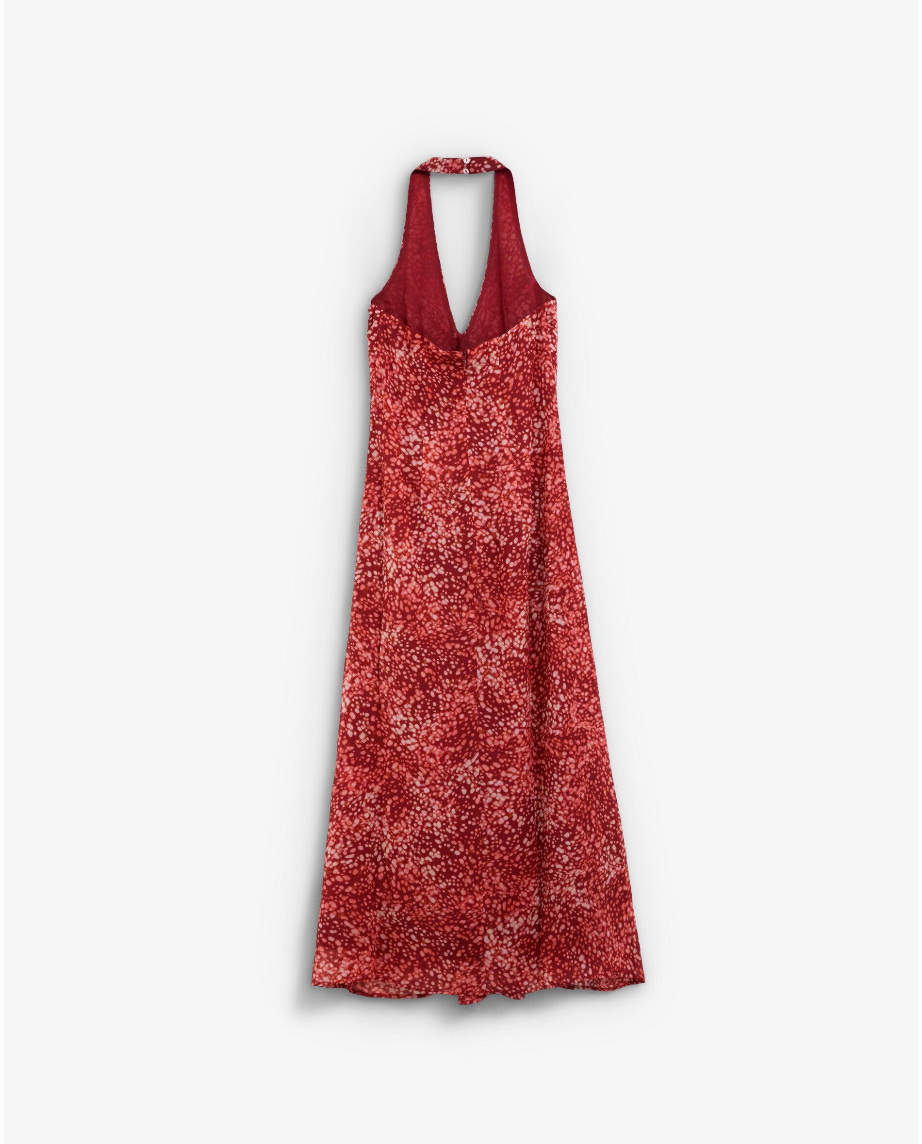 Vestido Comprido Estampado com Costas Semidescobertas Vermelho-9