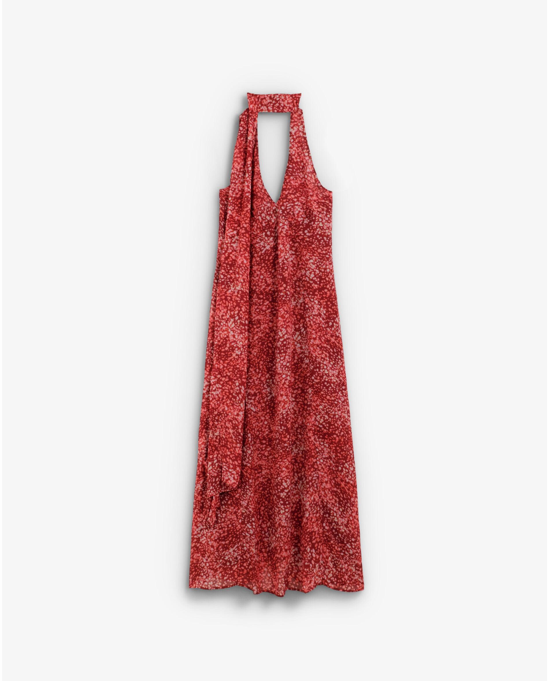 Vestido Comprido Estampado com Costas Semidescobertas Vermelho-10