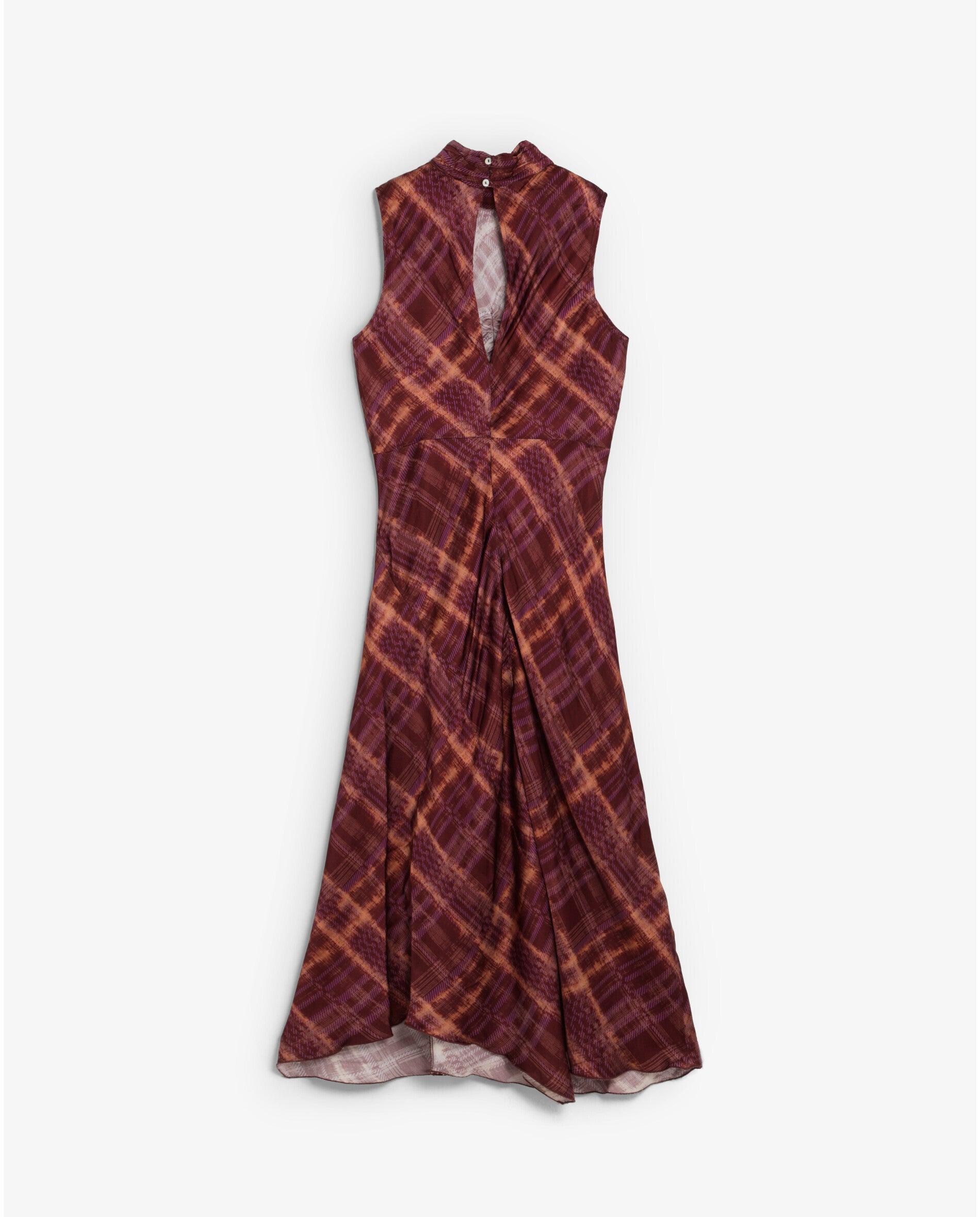 Vestido Comprido sem Mangas com Estampado Aos Quadrados Terracota-2