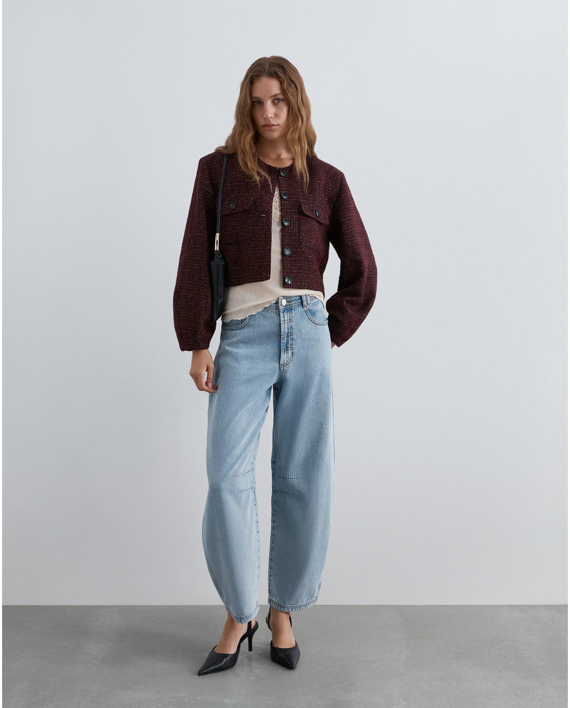 Casaco em Tweed com Fio Metalizado Bordeaux-3