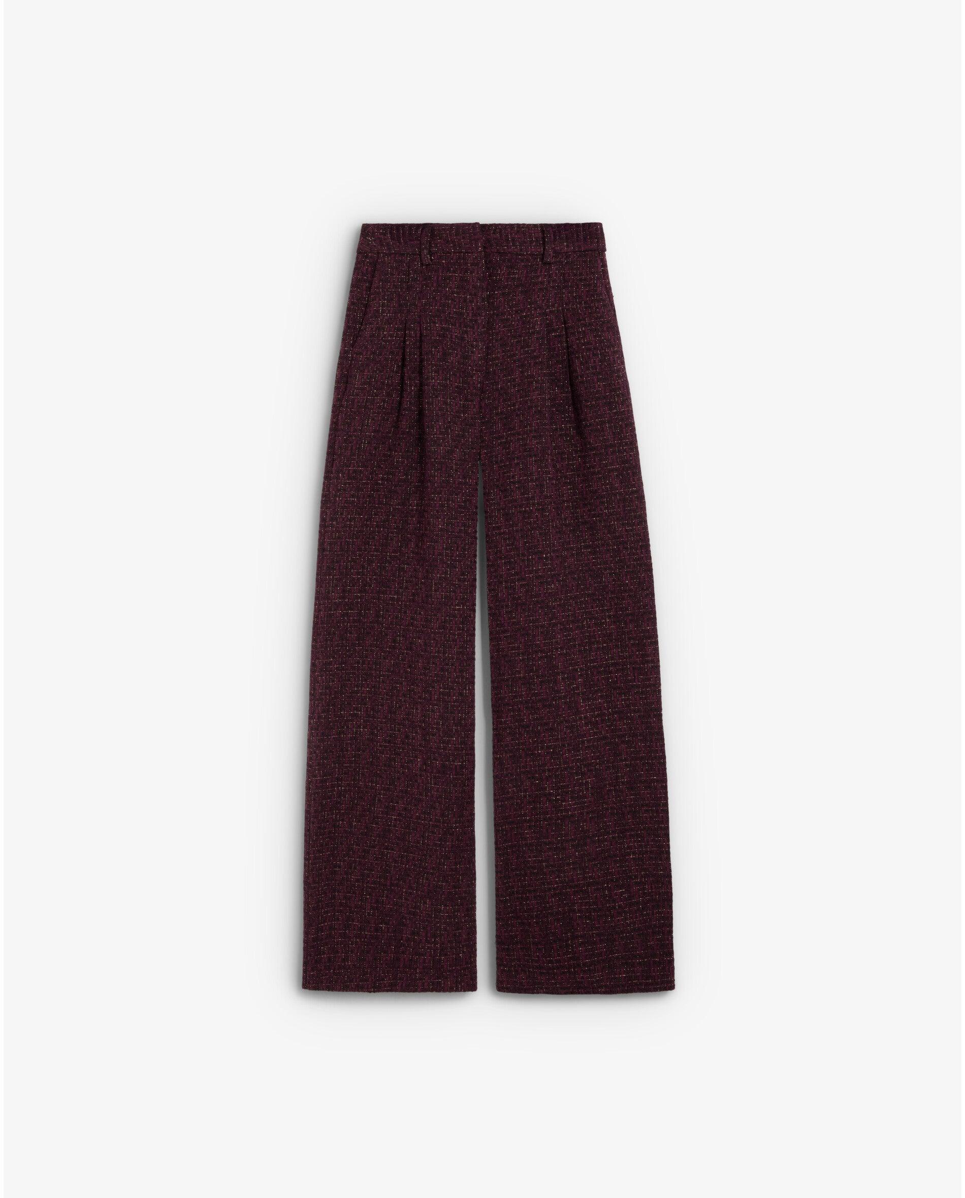 Calças Largas em Tweed com Fio Metalizado Bordeaux-4