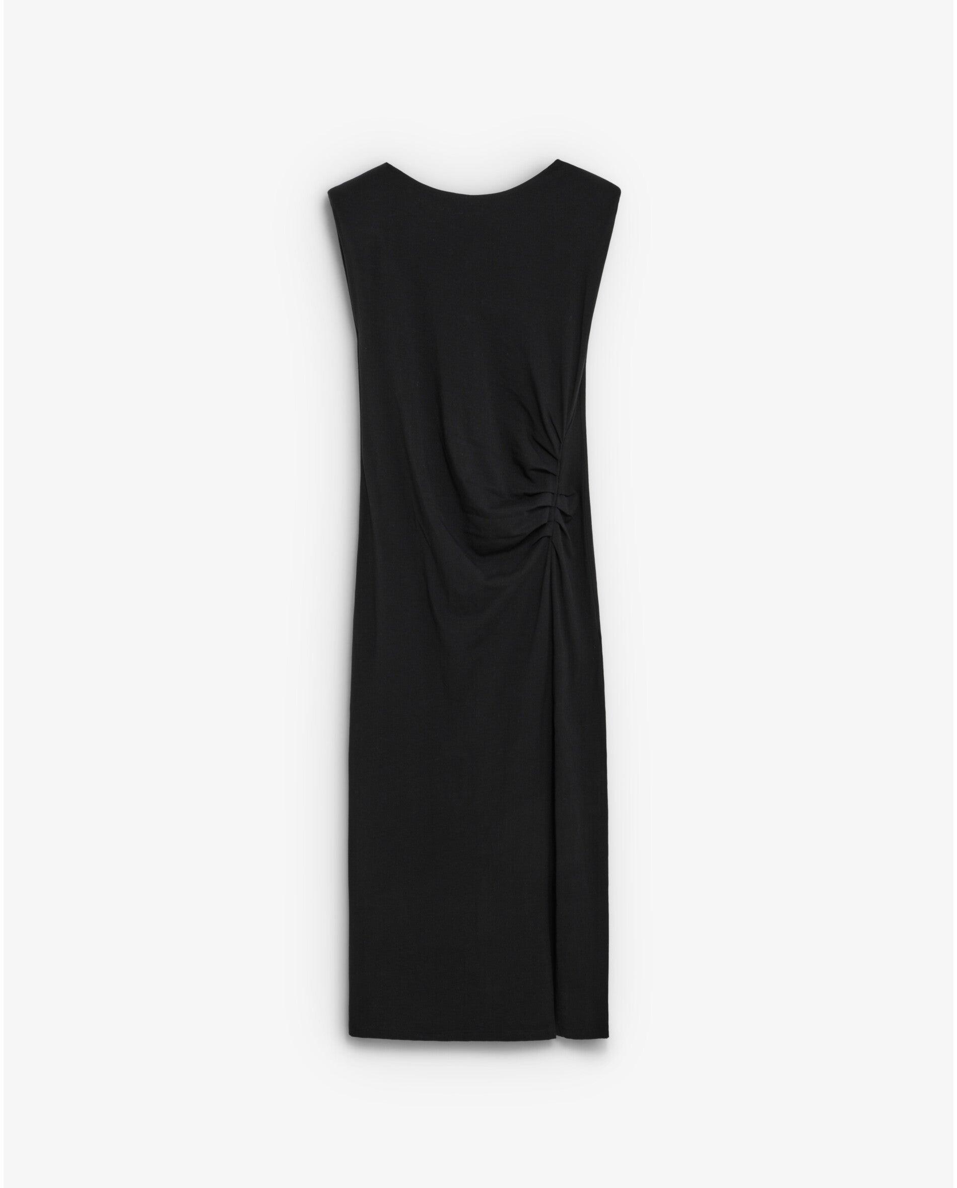 Vestido Midi com Ombreiras e Drapeado Lateral Preto-1