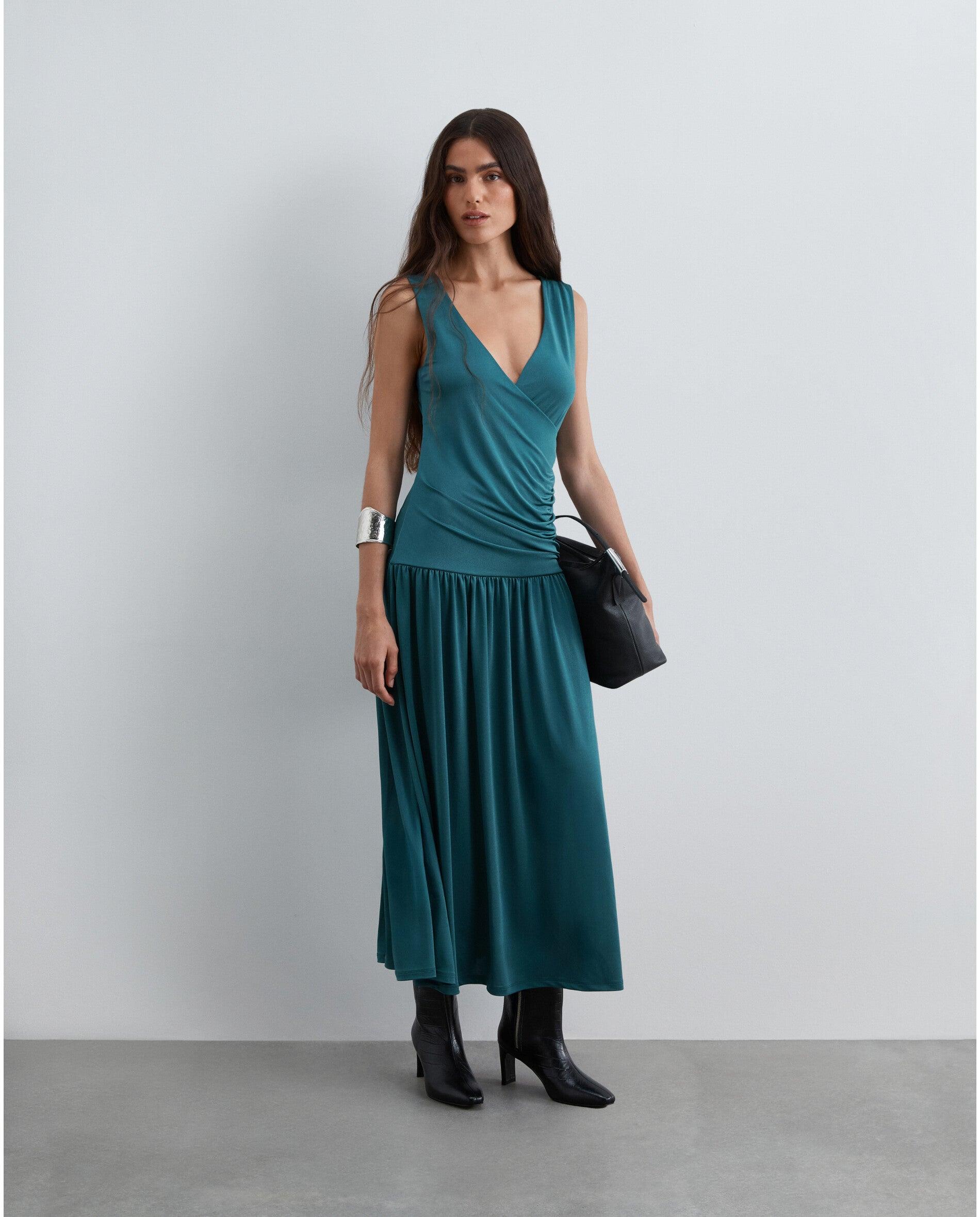 Imagem 0 de Vestido Midi Drapeado de Malha Elástica