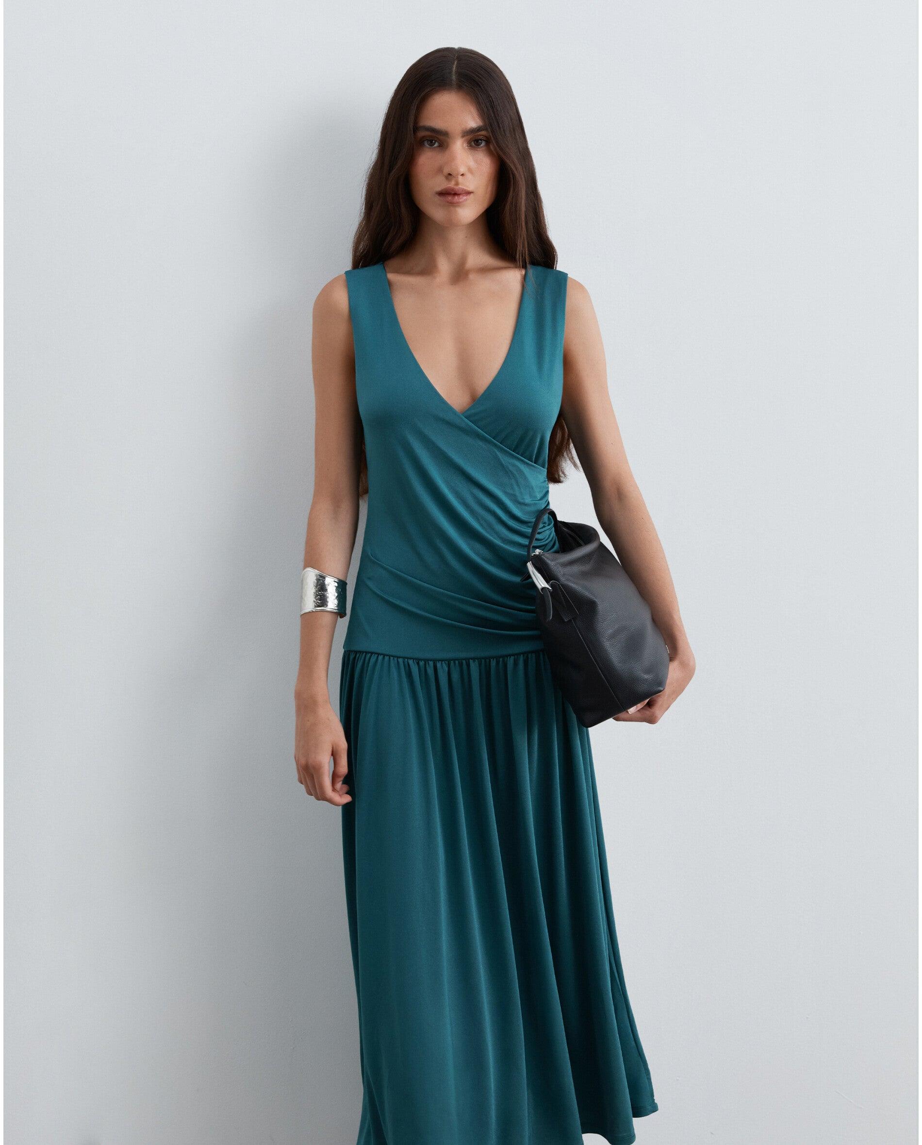 Vestido Midi Drapeado de Malha Elástica Verde-acinzentado-2
