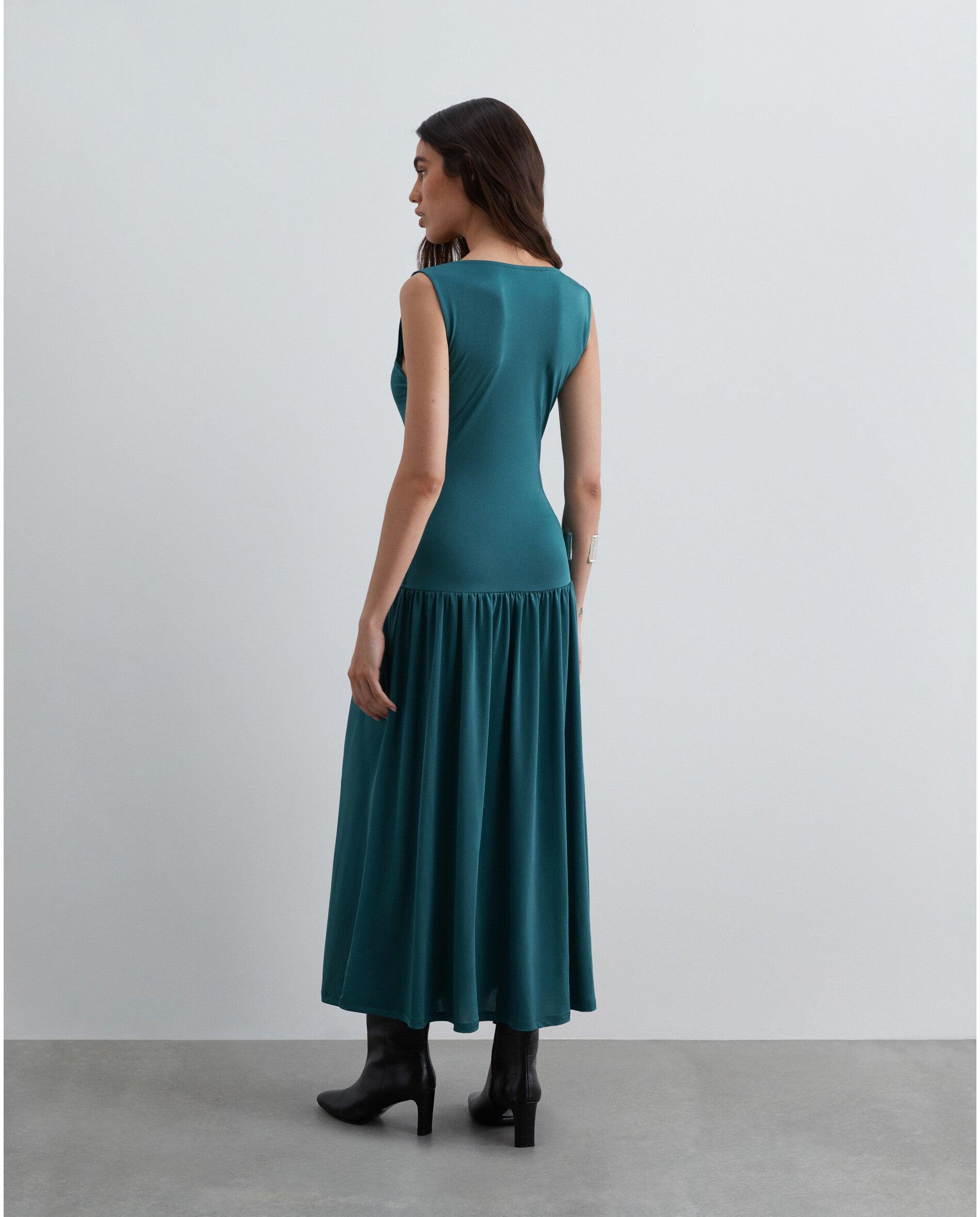 Vestido Midi Drapeado de Malha Elástica Verde-acinzentado-3