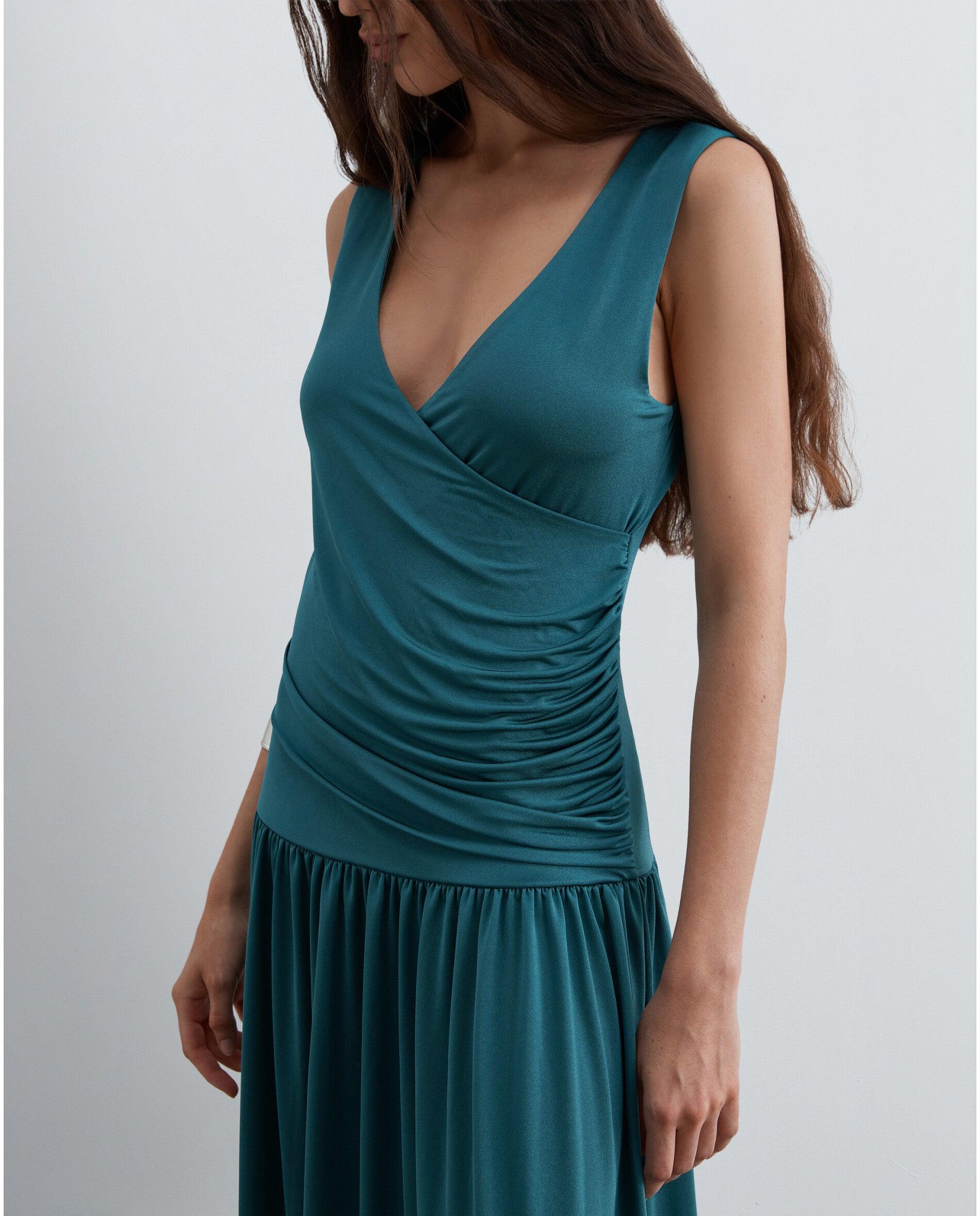 Vestido Midi Drapeado de Malha Elástica Verde-acinzentado-4