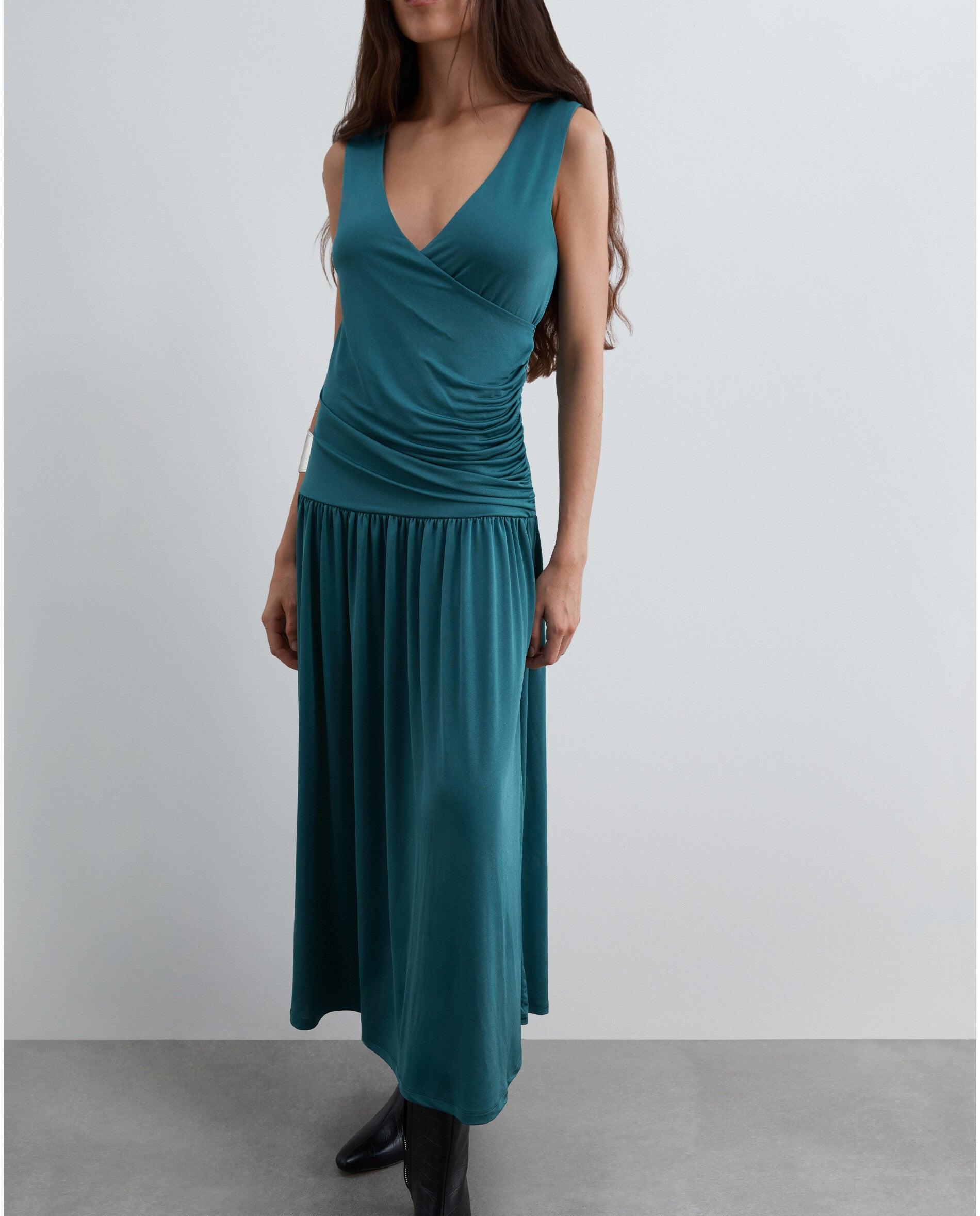 Vestido Midi Drapeado de Malha Elástica Verde-acinzentado-5