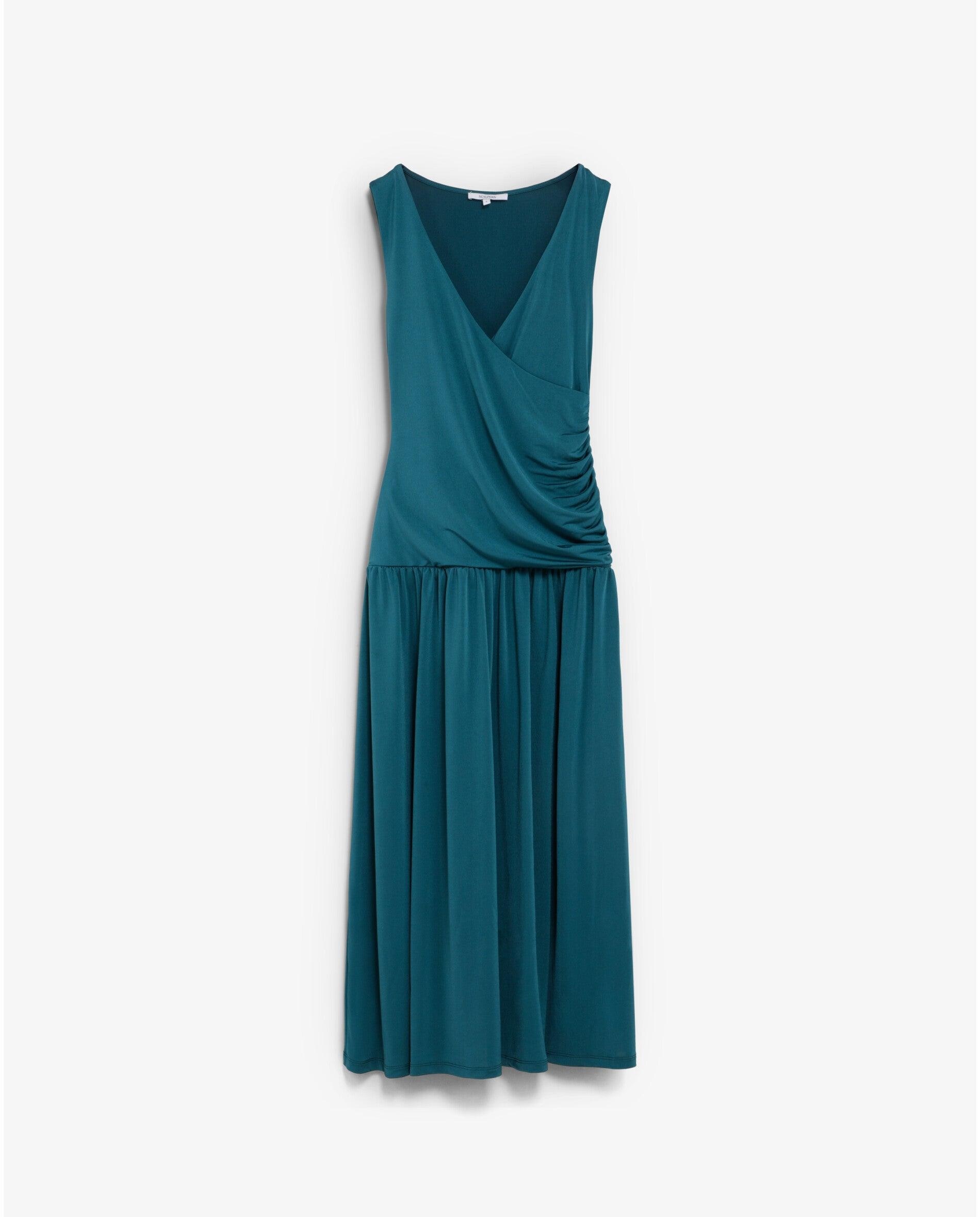 Vestido Midi Drapeado de Malha Elástica Verde-acinzentado-6