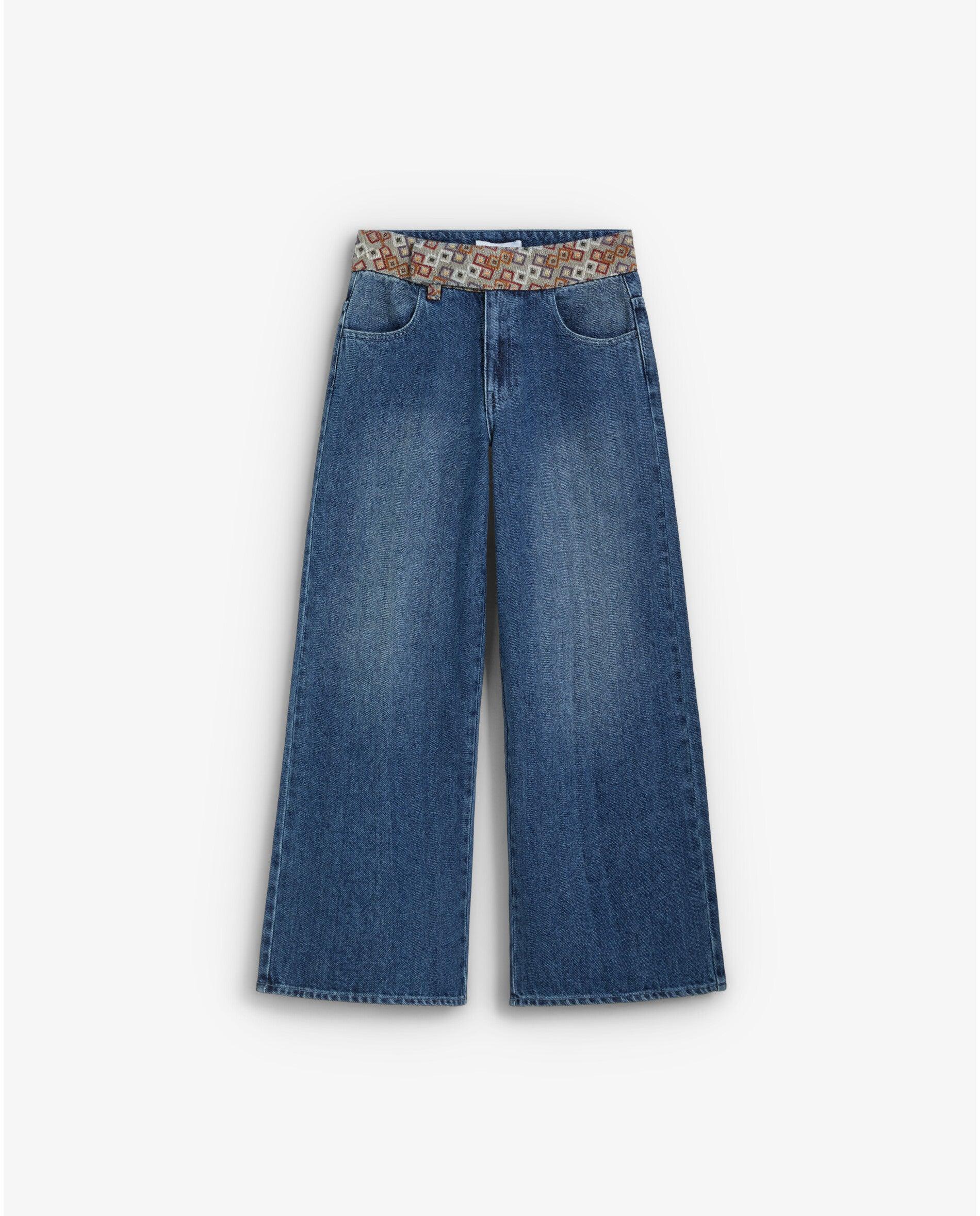 Imagem 0 de Jeans Largo de Cintura Subida com Detalhes Étnicos