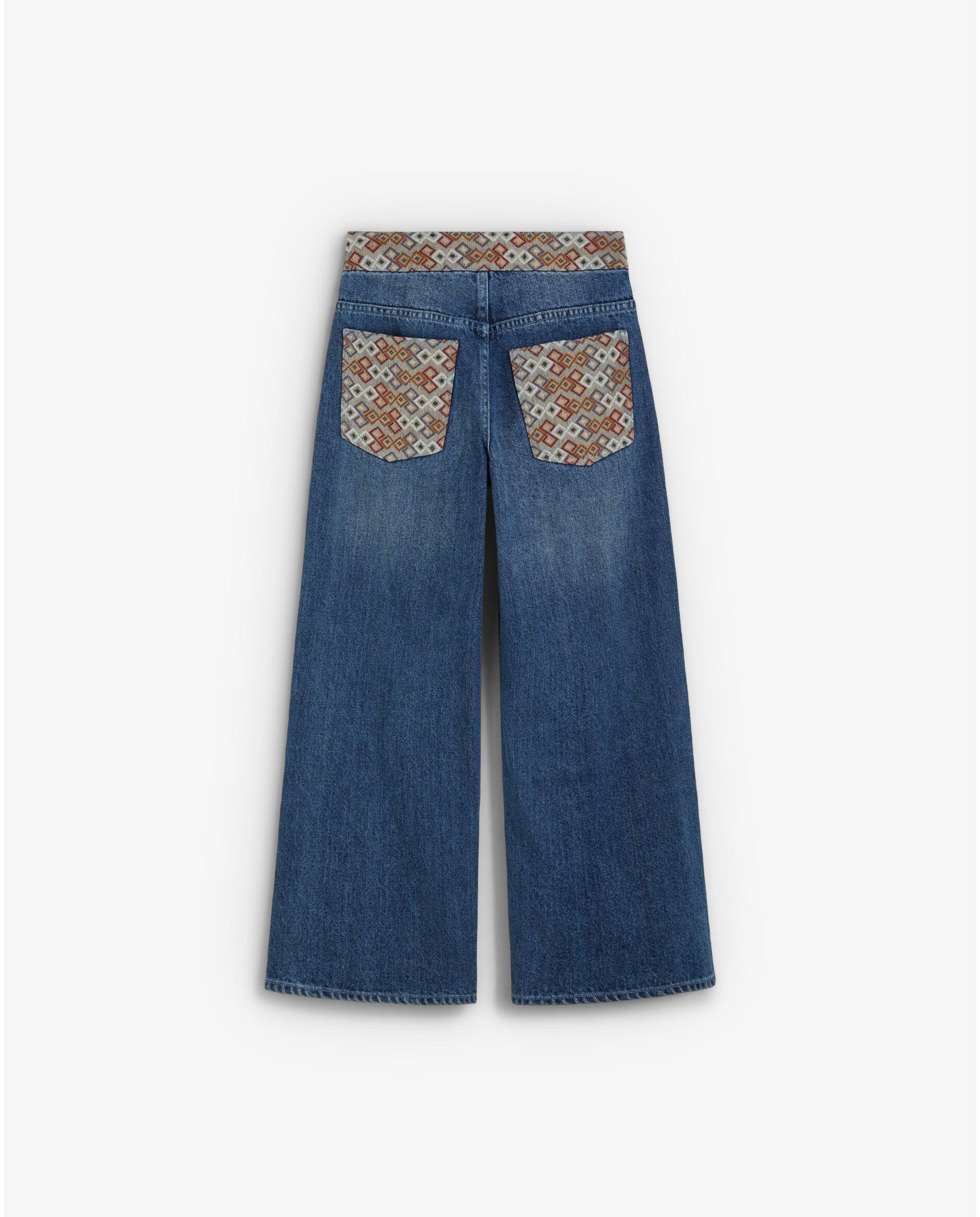 Jeans Largo de Cintura Subida com Detalhes Étnicos Índigo-2