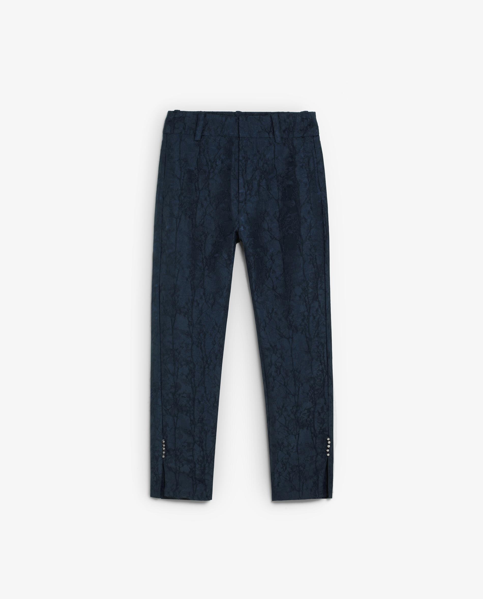Calças com Corte a Direito Relaxed Fit em Tecido Jacquard Navy-4