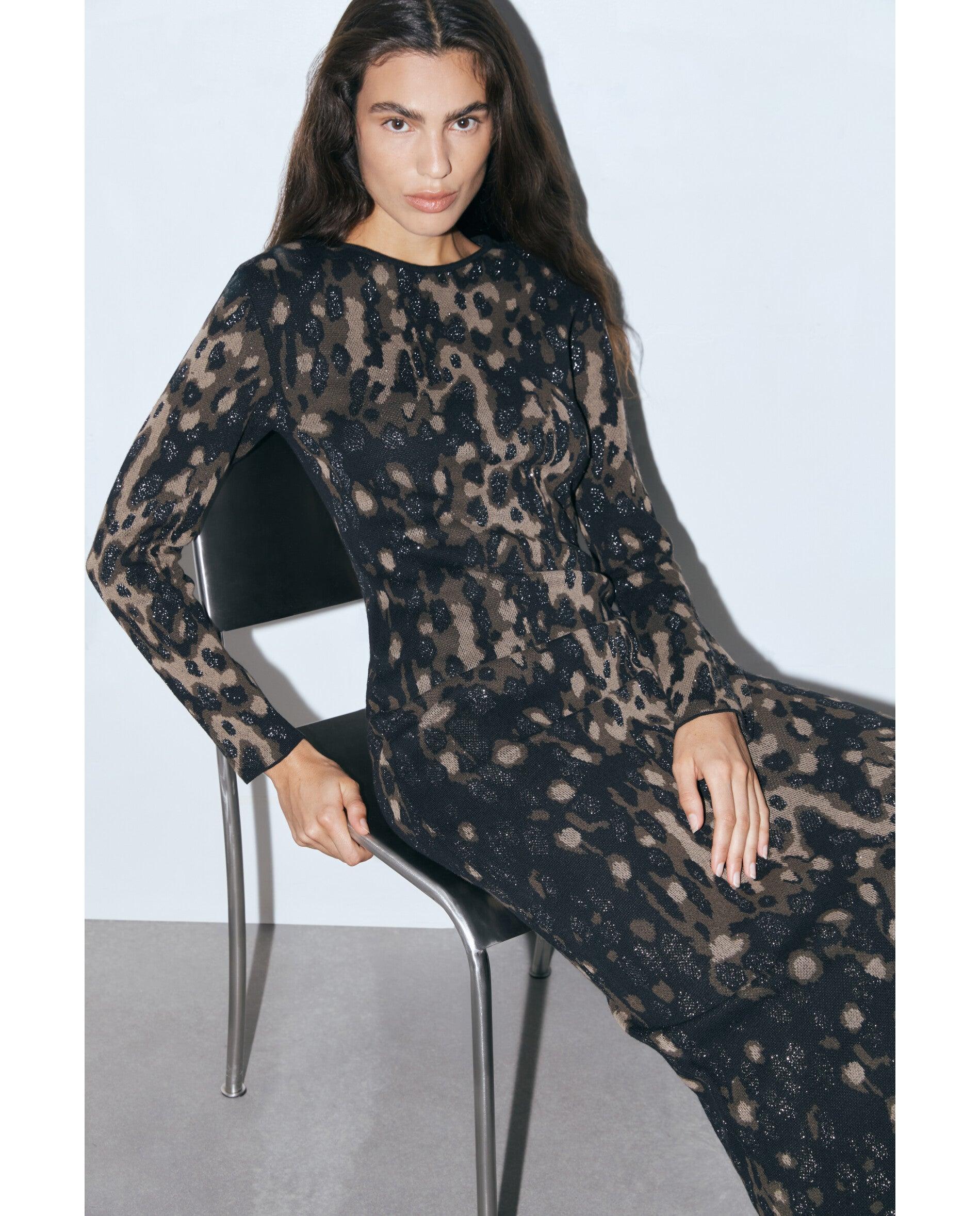 Vestido de Malha Jacquard de Corte Midi Multicolor-4