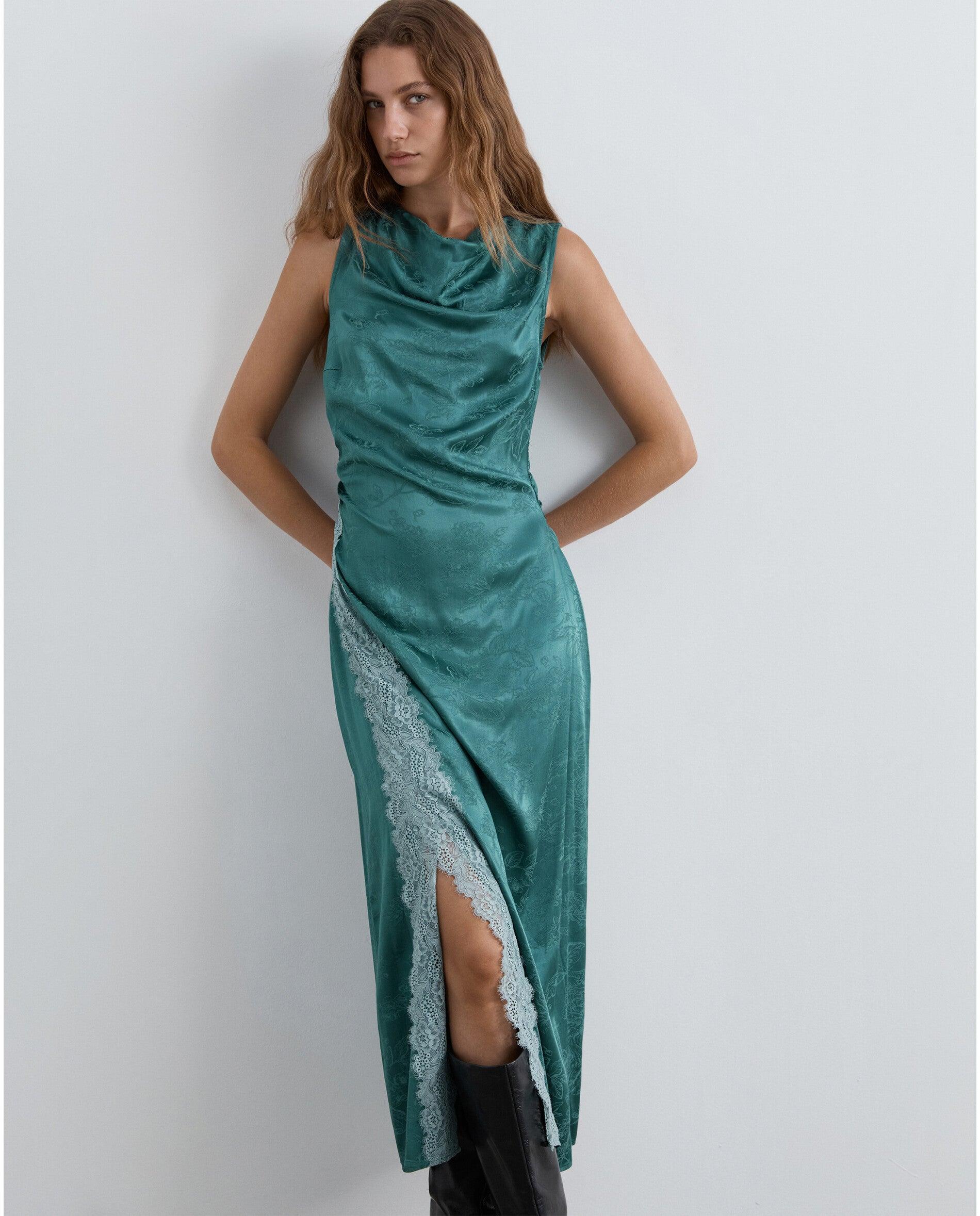 Vestido Midi em Tecido Jacquard com Renda Verde-2