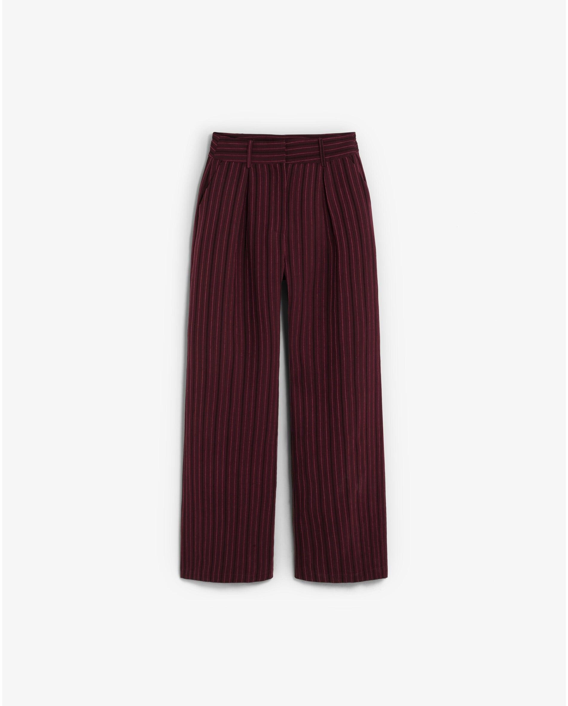 Calças com Corte a Direito de Cintura Subida com Estampado Às Riscas Bordeaux-4