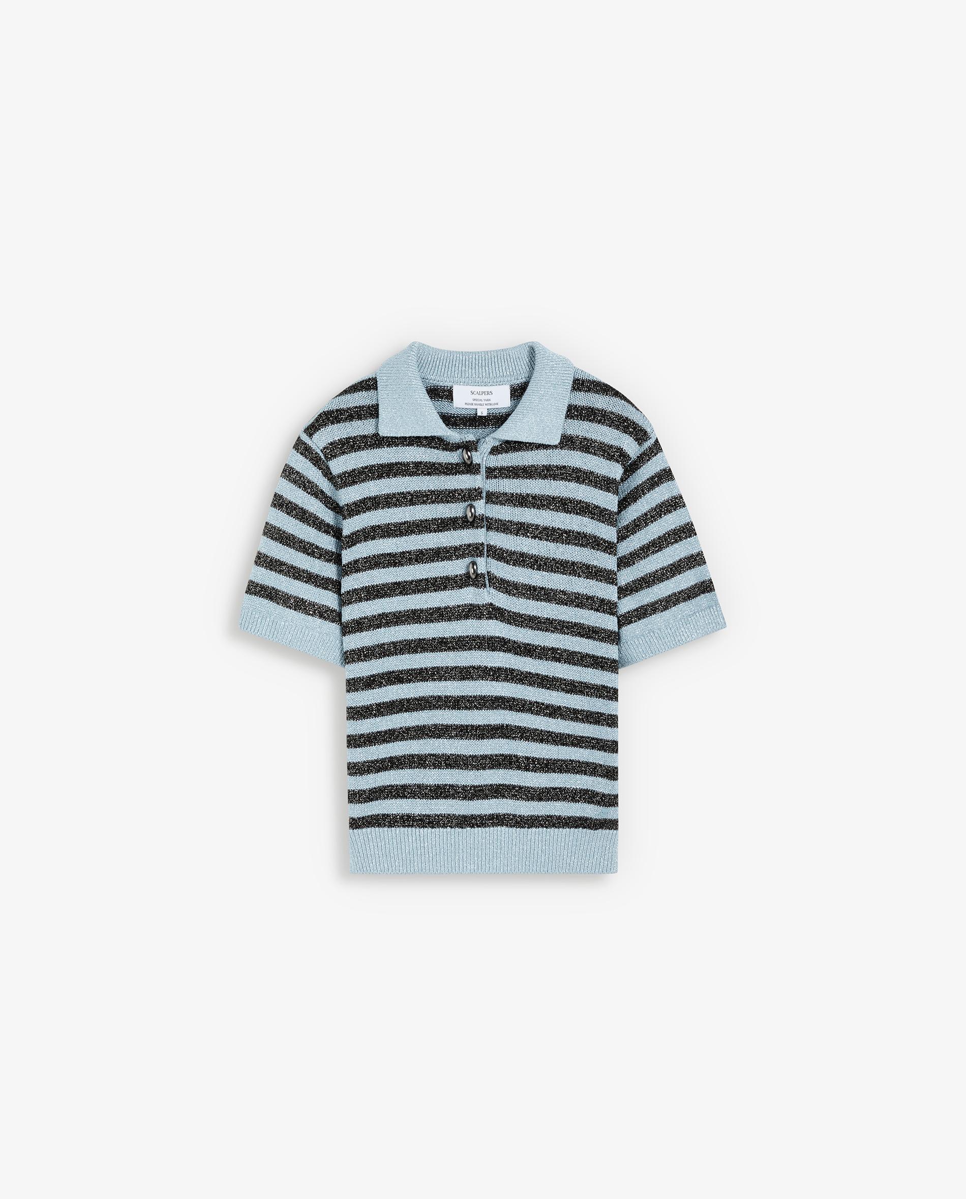 Camisola de Manga Curta Às Riscas com Gola Polo Azul-claro-4