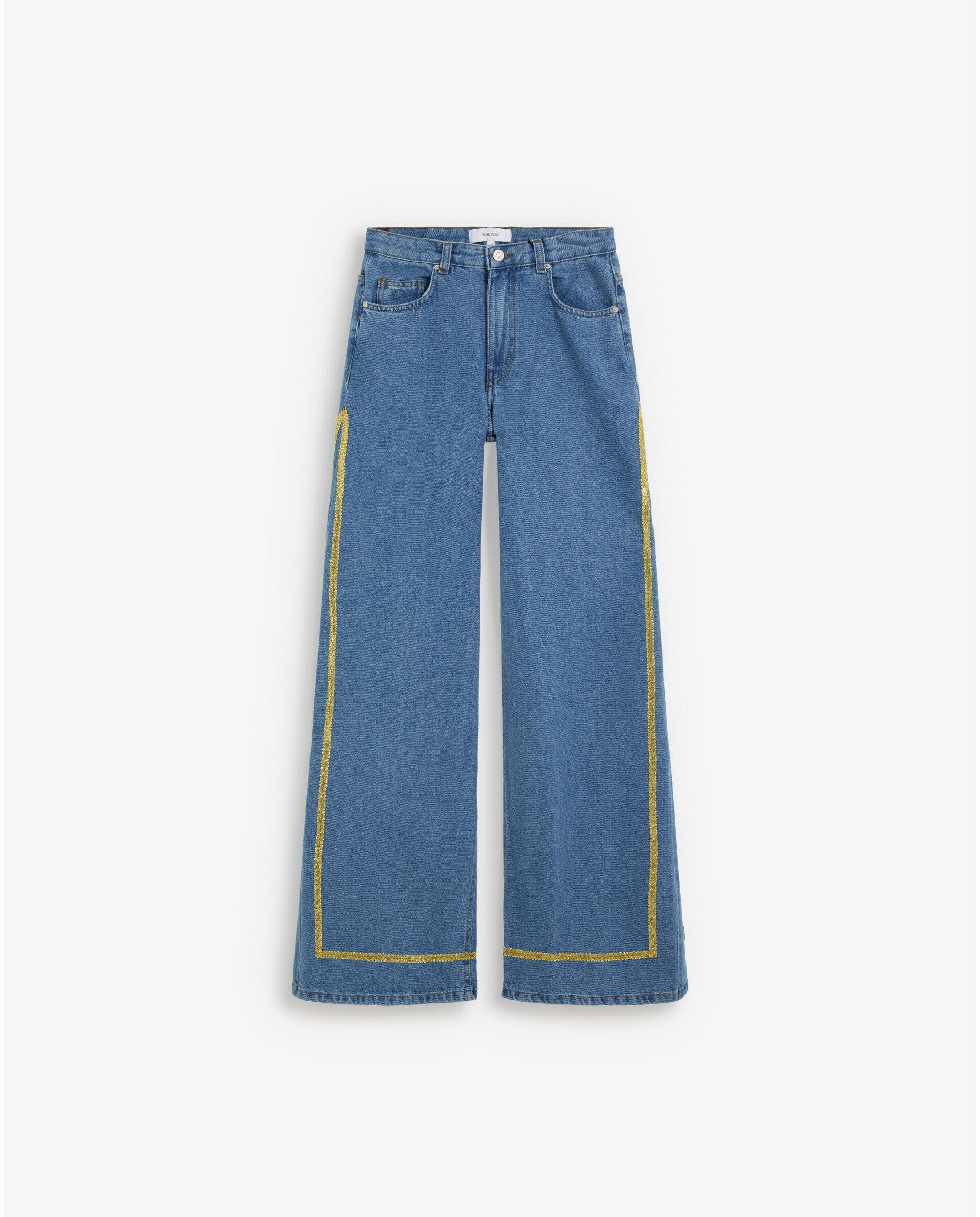 Imagem 0 de Jeans com Corte a Direito com Tiras Laterais em Contraste