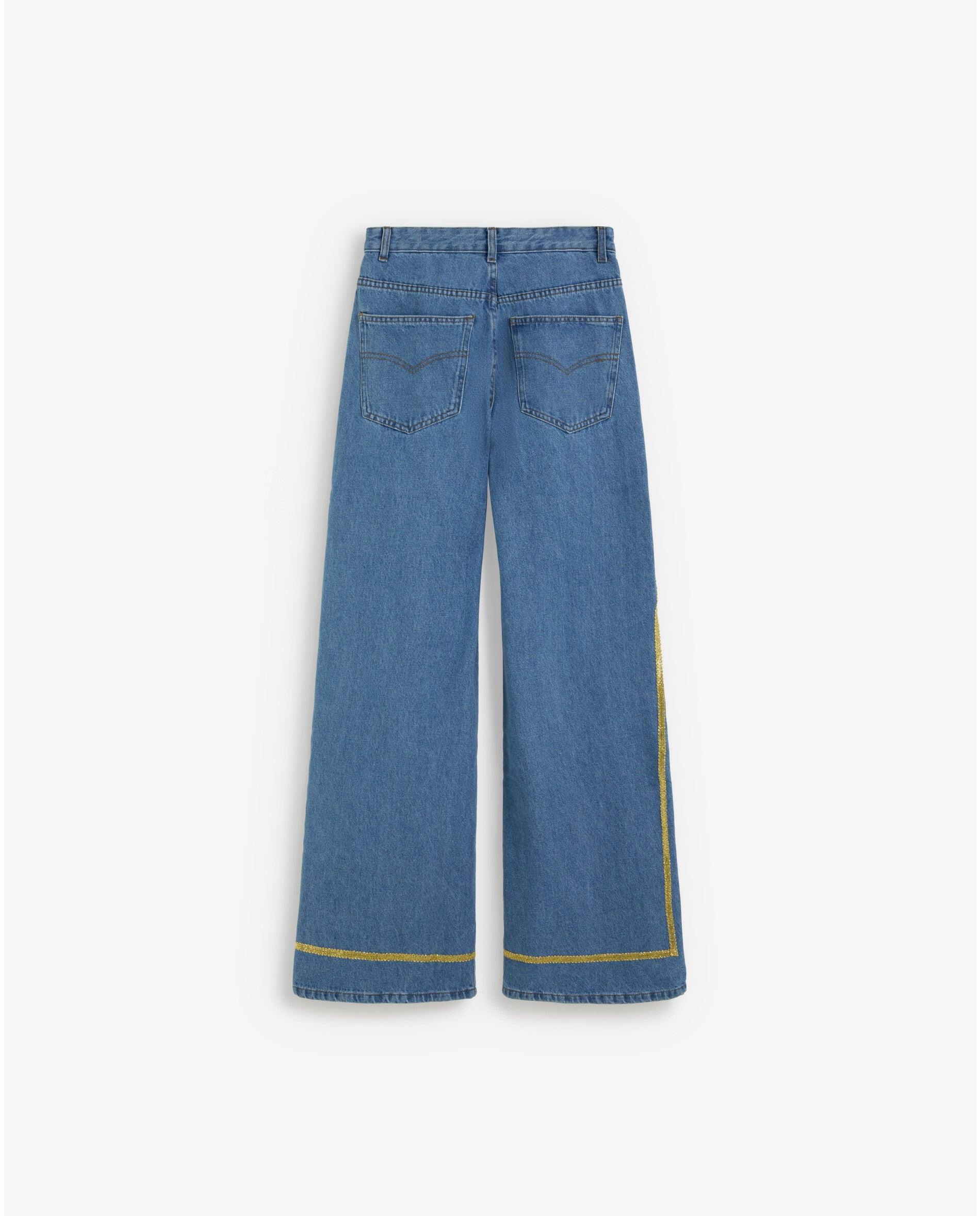 Jeans com Corte a Direito com Tiras Laterais em Contraste Índigo-2