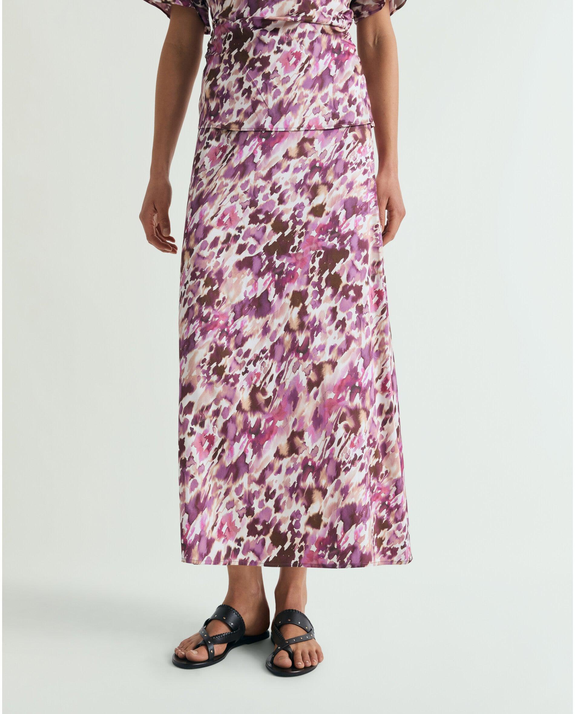 Saia Midi Estampada em Tecido Acetinado Rosa-2