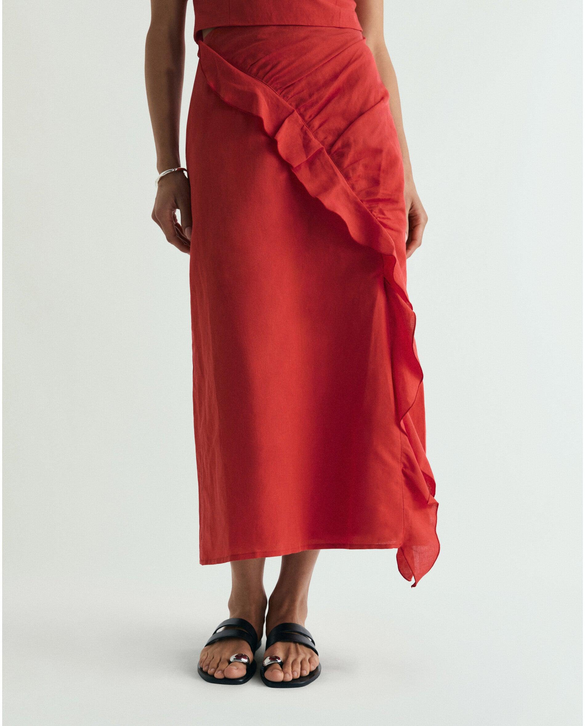 Saia Midi com Folho Diagonal Vermelho-2