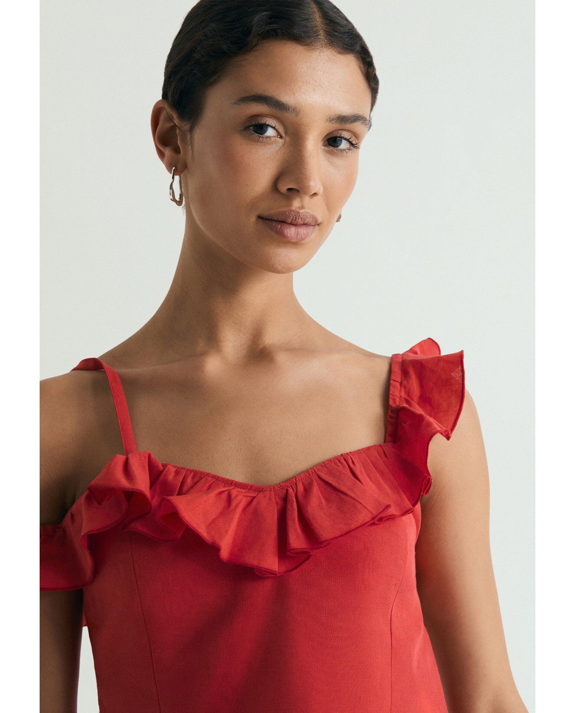 Top com Folho e Alças Assimétricas Vermelho-4