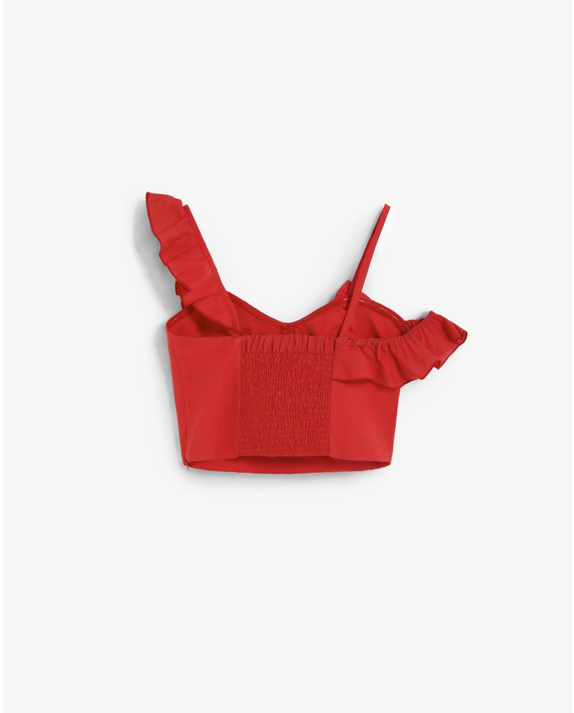 Top com Folho e Alças Assimétricas Vermelho-5