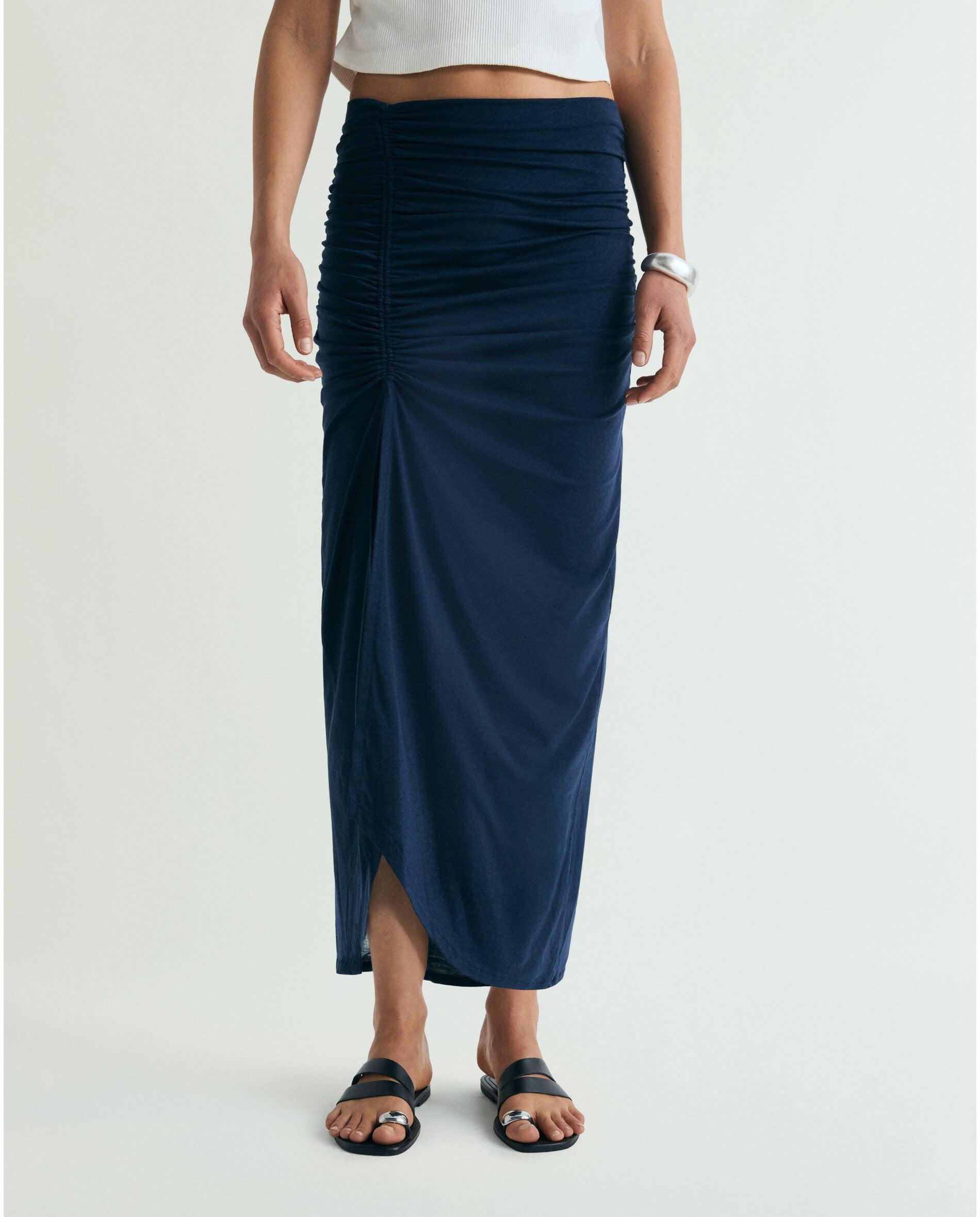 Saia Midi com Drapeado Lateral Navy-2