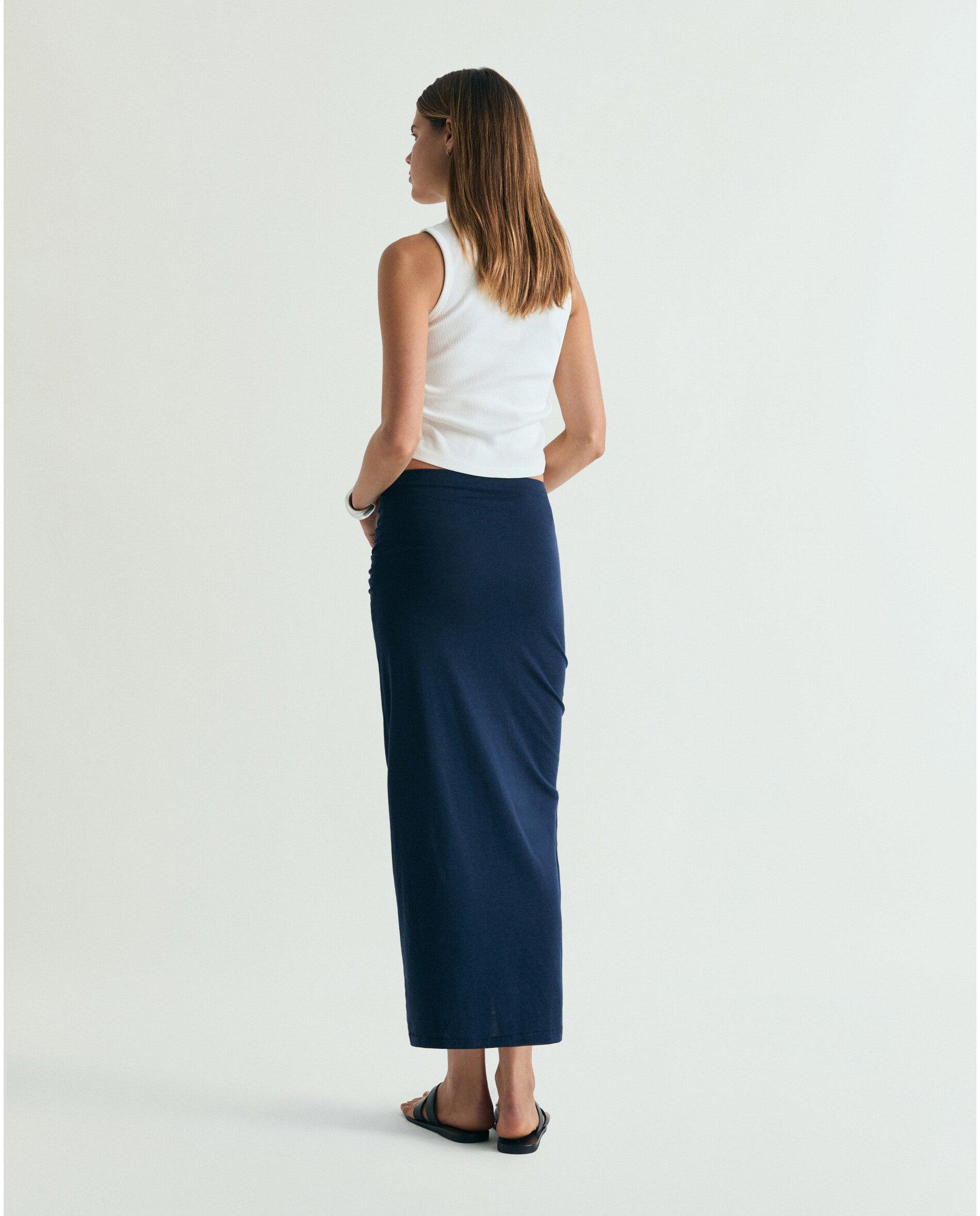 Saia Midi com Drapeado Lateral Navy-3