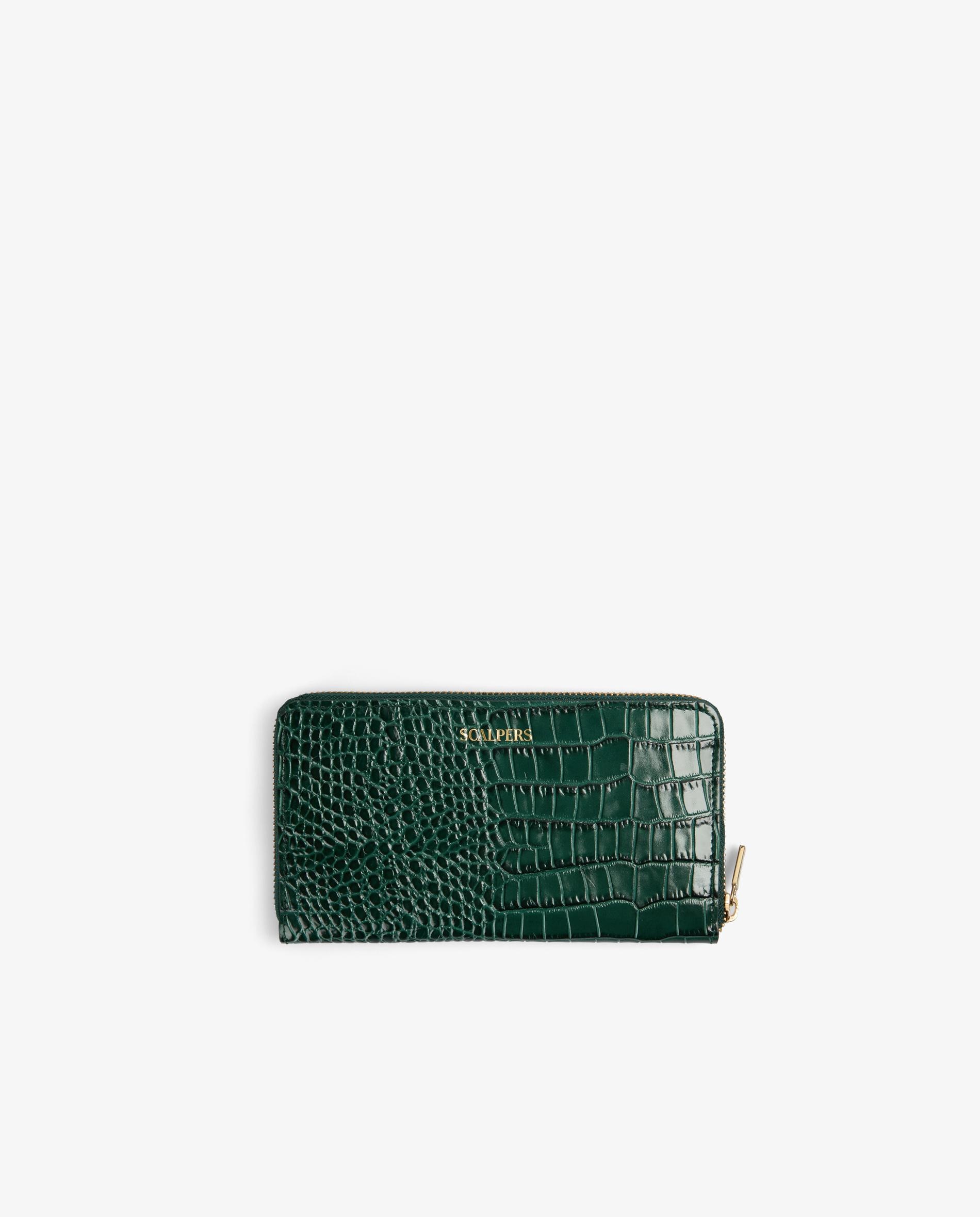 Carteira de Pele em Relevo com Fecho Zip Verde-escuro-2
