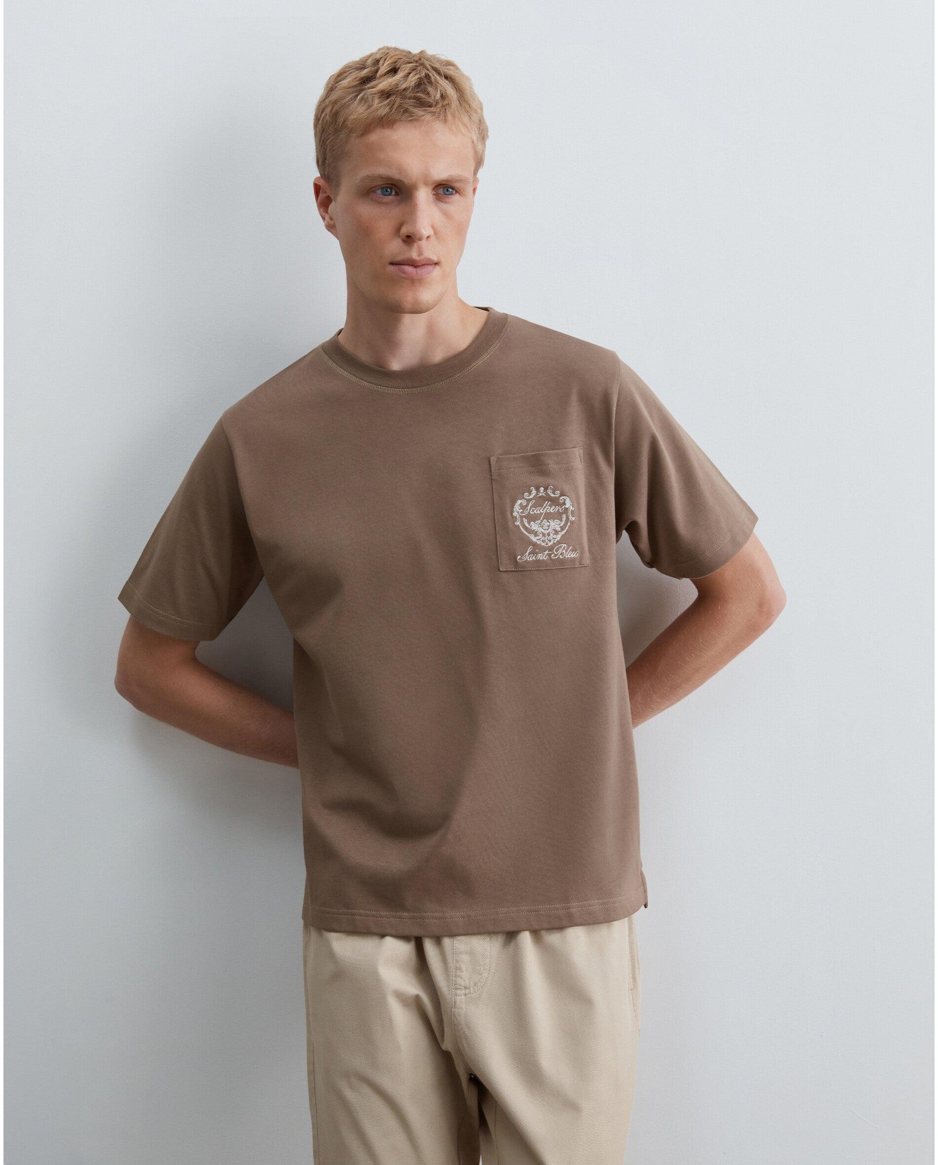T-shirt de Manga Curta com Bolso no Peito Taupe-1