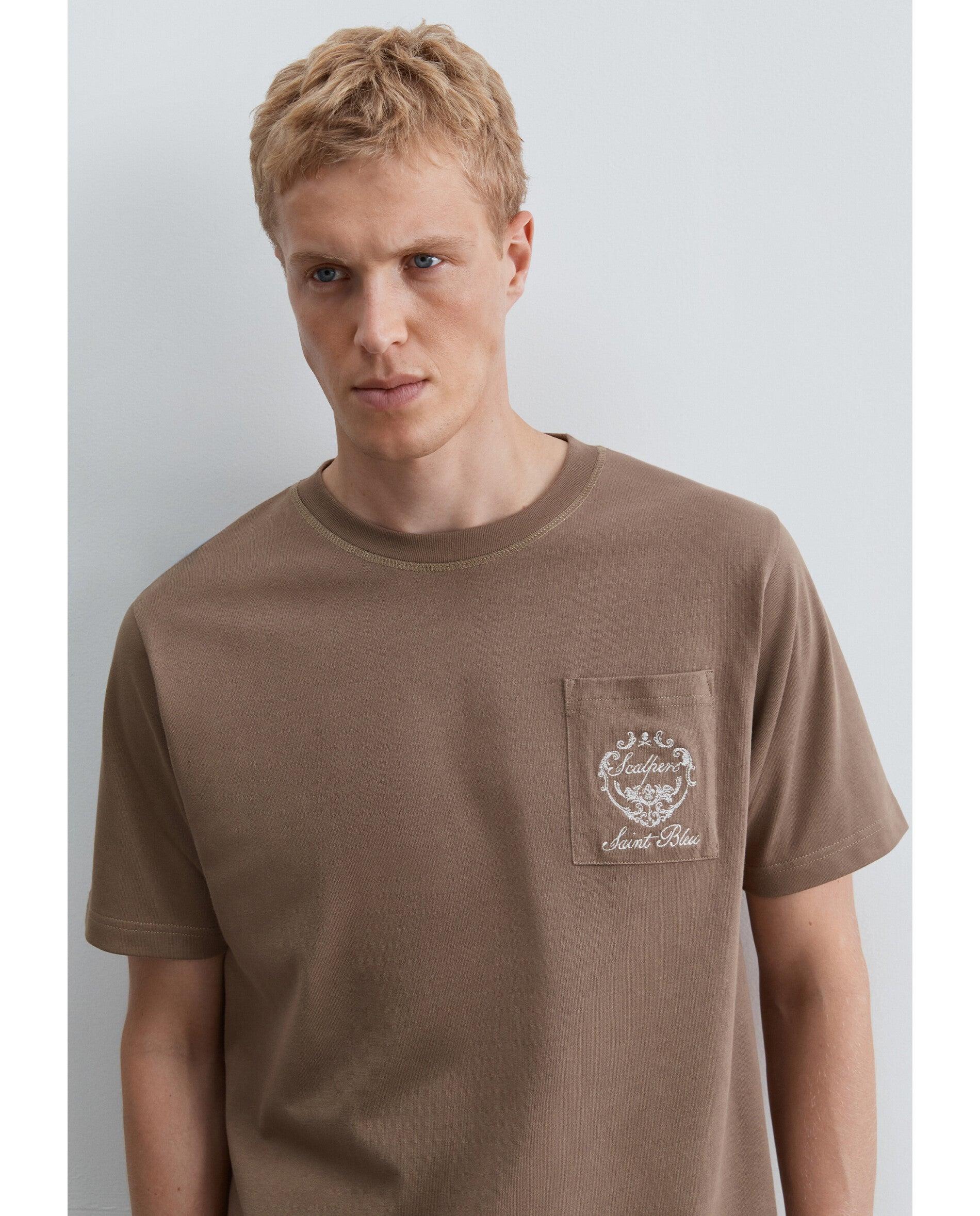 T-shirt de Manga Curta com Bolso no Peito Taupe-4