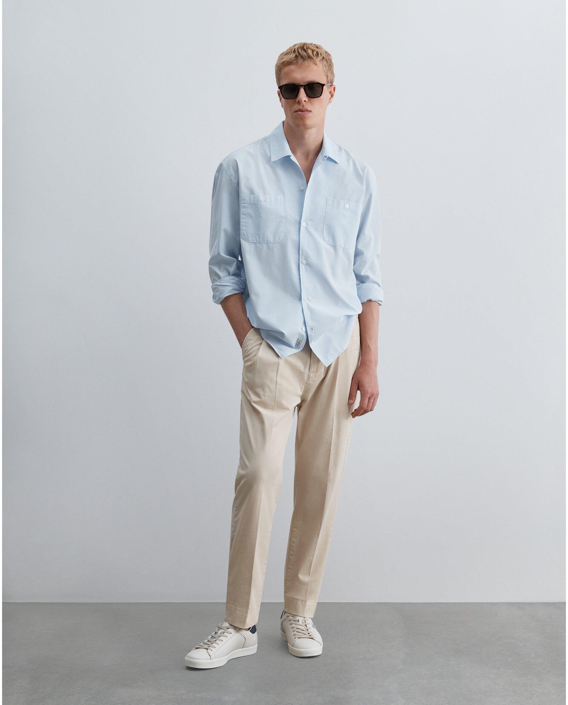 Camisa de Algodão com Bolsos Patch Azul-claro-3