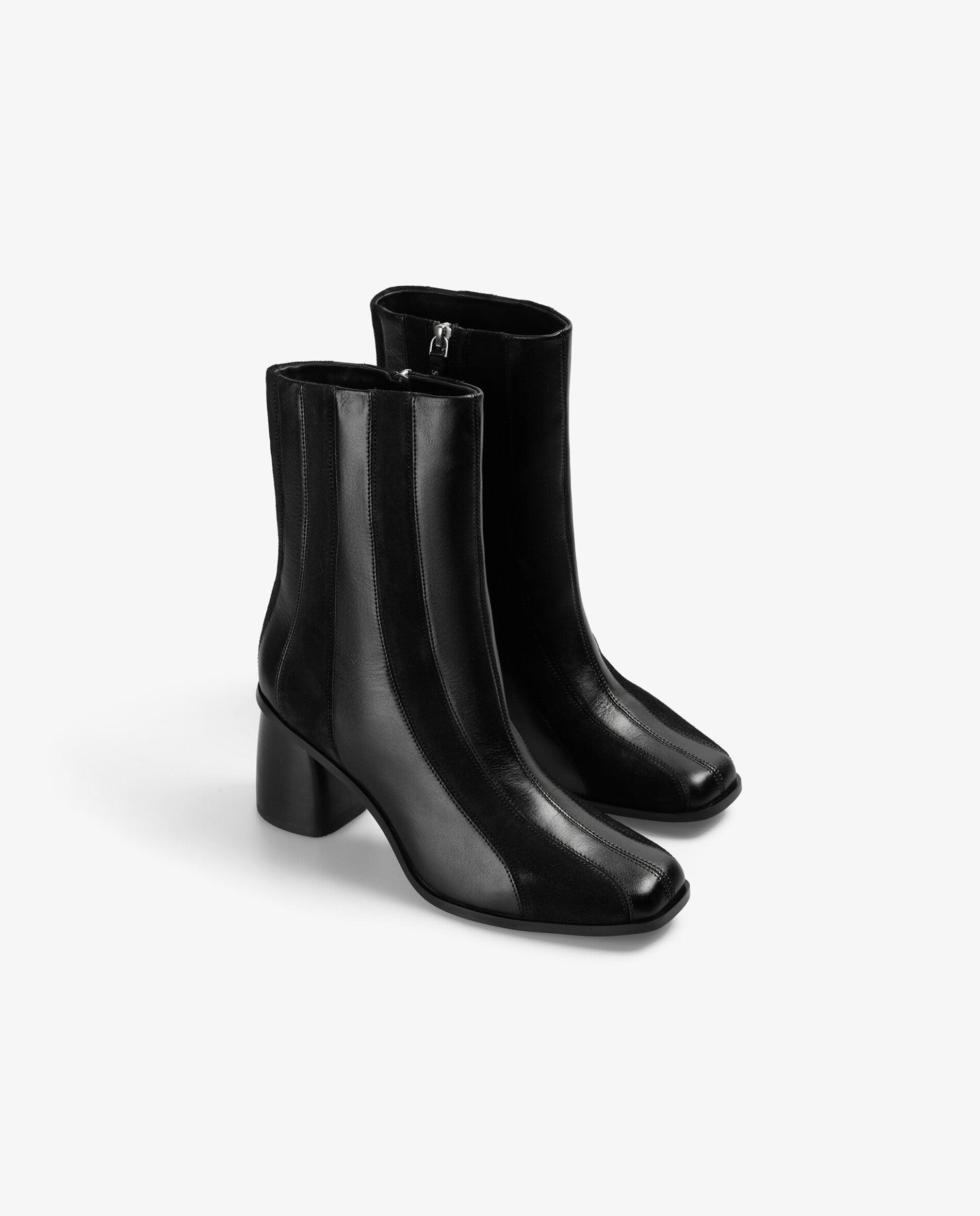 Botas Básicas de Pele com Tecido Às Riscas Preto-2