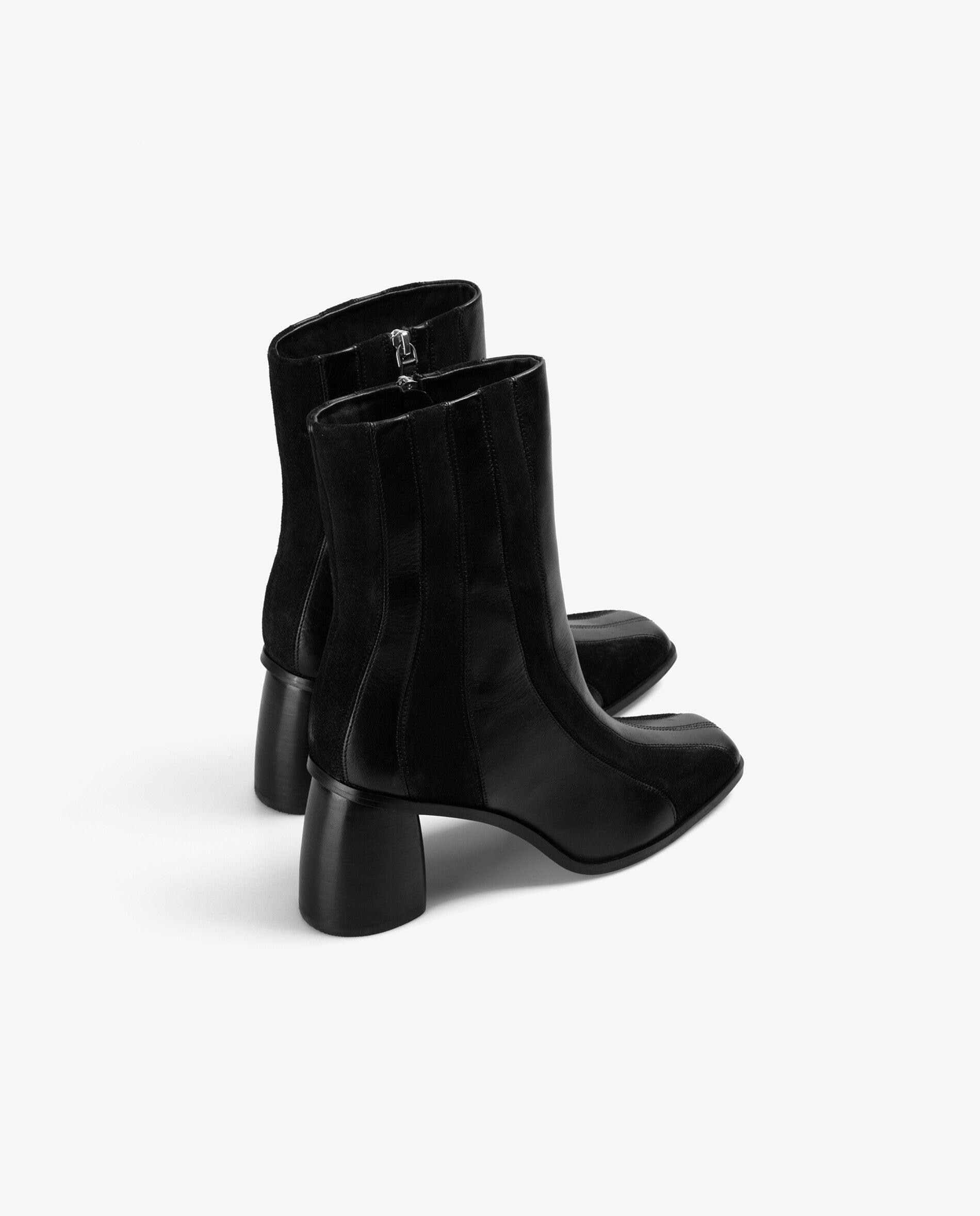 Botas Básicas de Pele com Tecido Às Riscas Preto-3
