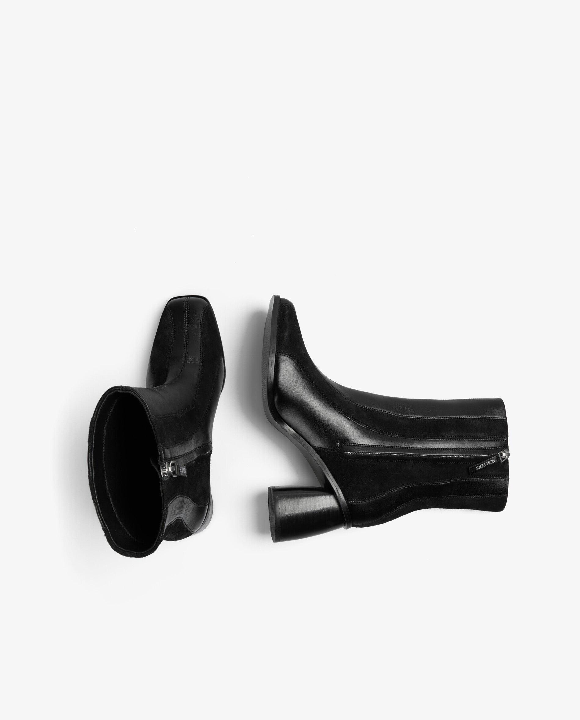 Botas Básicas de Pele com Tecido Às Riscas Preto-8