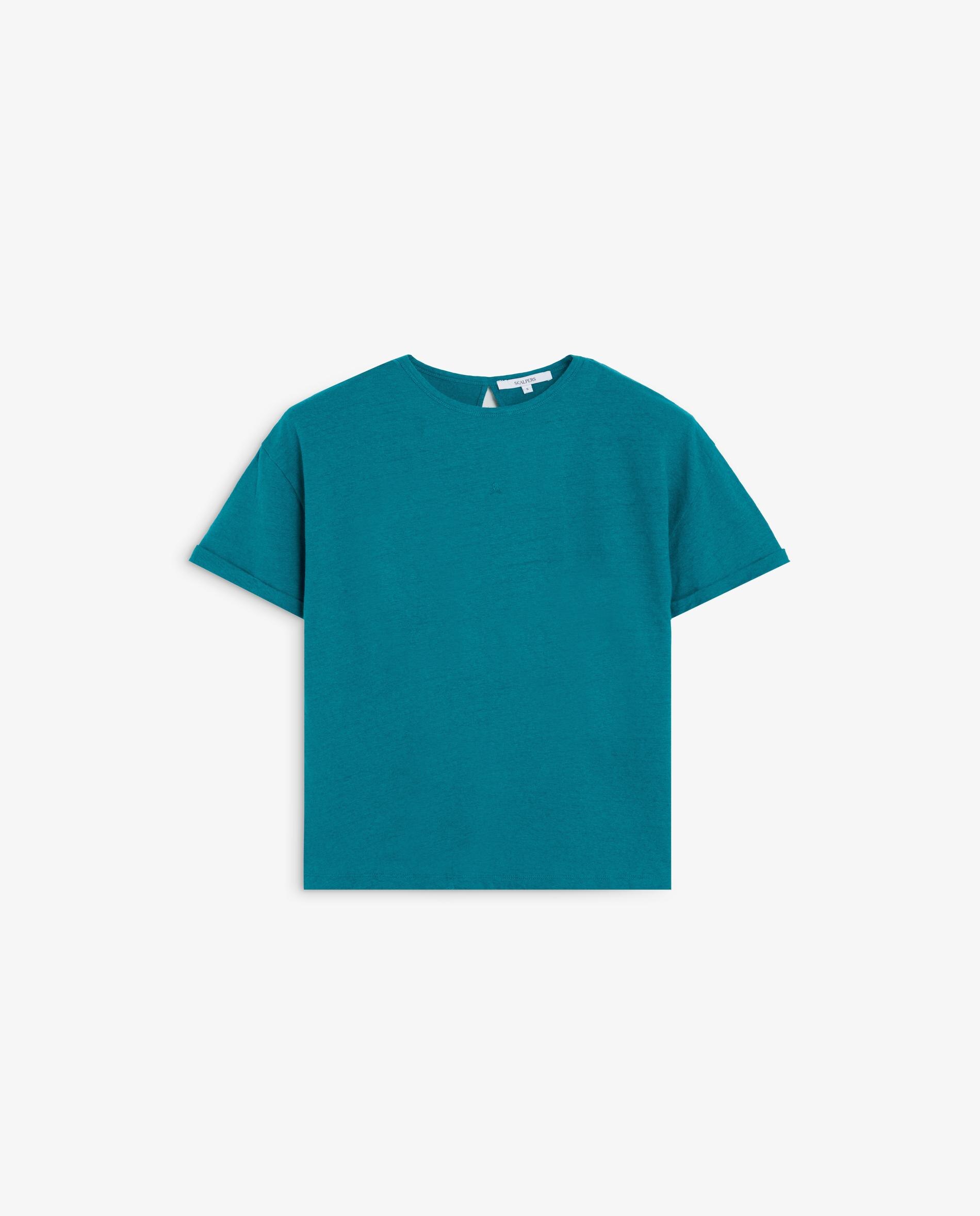 T-shirt de Manga Curta com Abertura nas Costas Turquesa-4